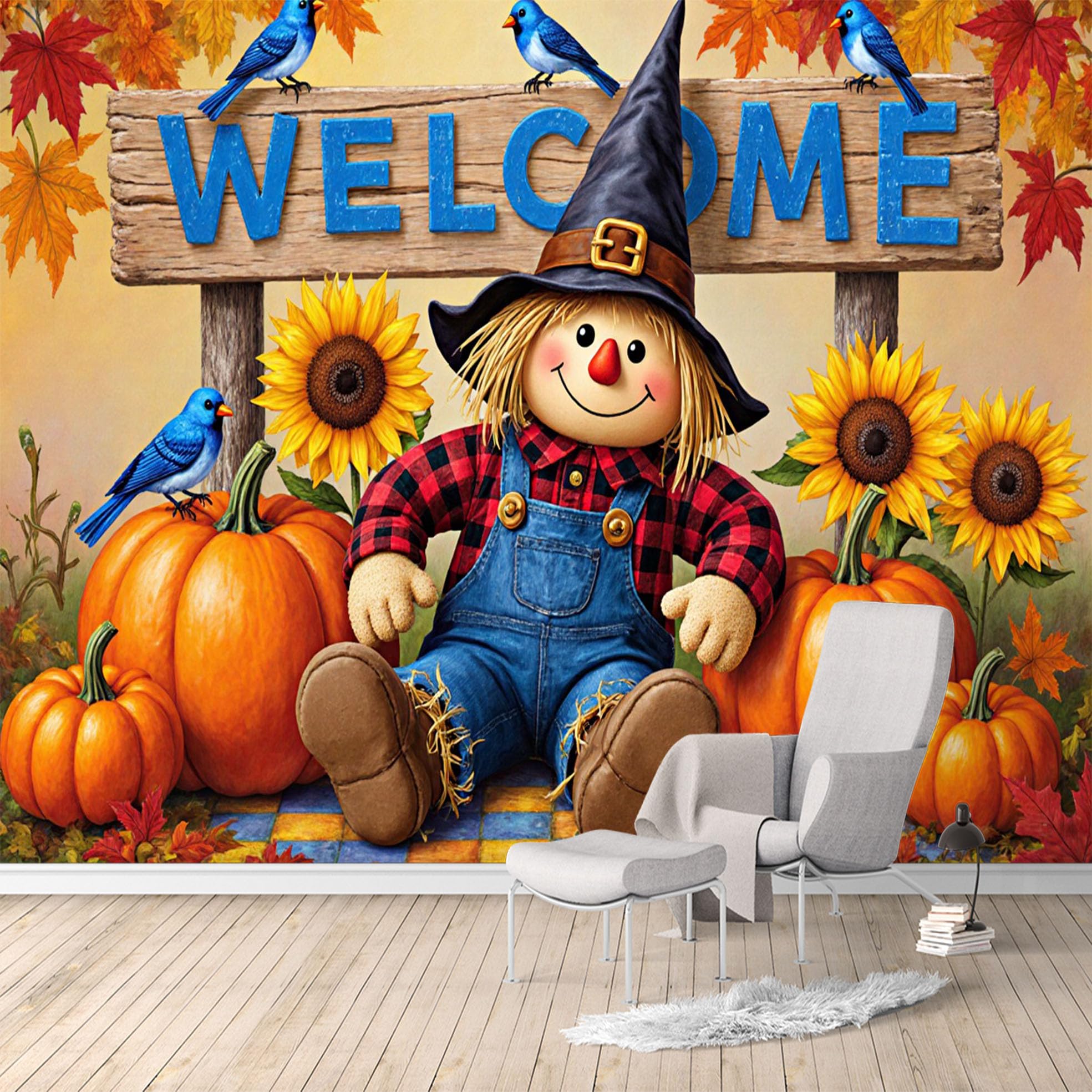 Custom Size Wall Murals, Cute Scarecrow Pumpkin Sunflower Autumn Welcome, Removable SelfAdhesive Large Wallpaper Mural for Living Room Bedroom Office