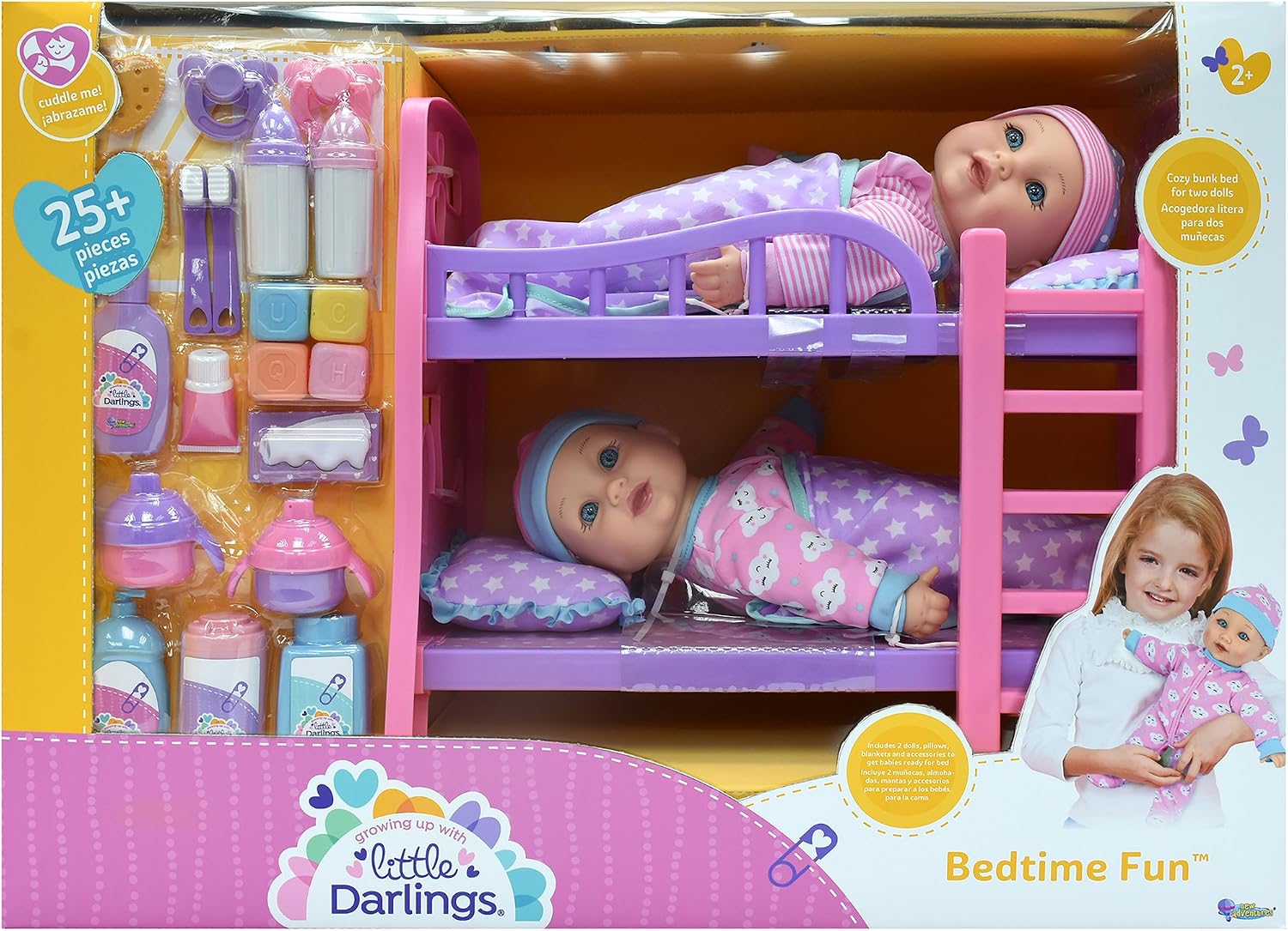 New Adventures Little Darlings: 12" Twin Dolls Bedtime Fun Set - 29pc, Pink, Purple Green - 2 Baby Dolls, Bunk Bed, Sleeping Accessories, Kids Ages 2+