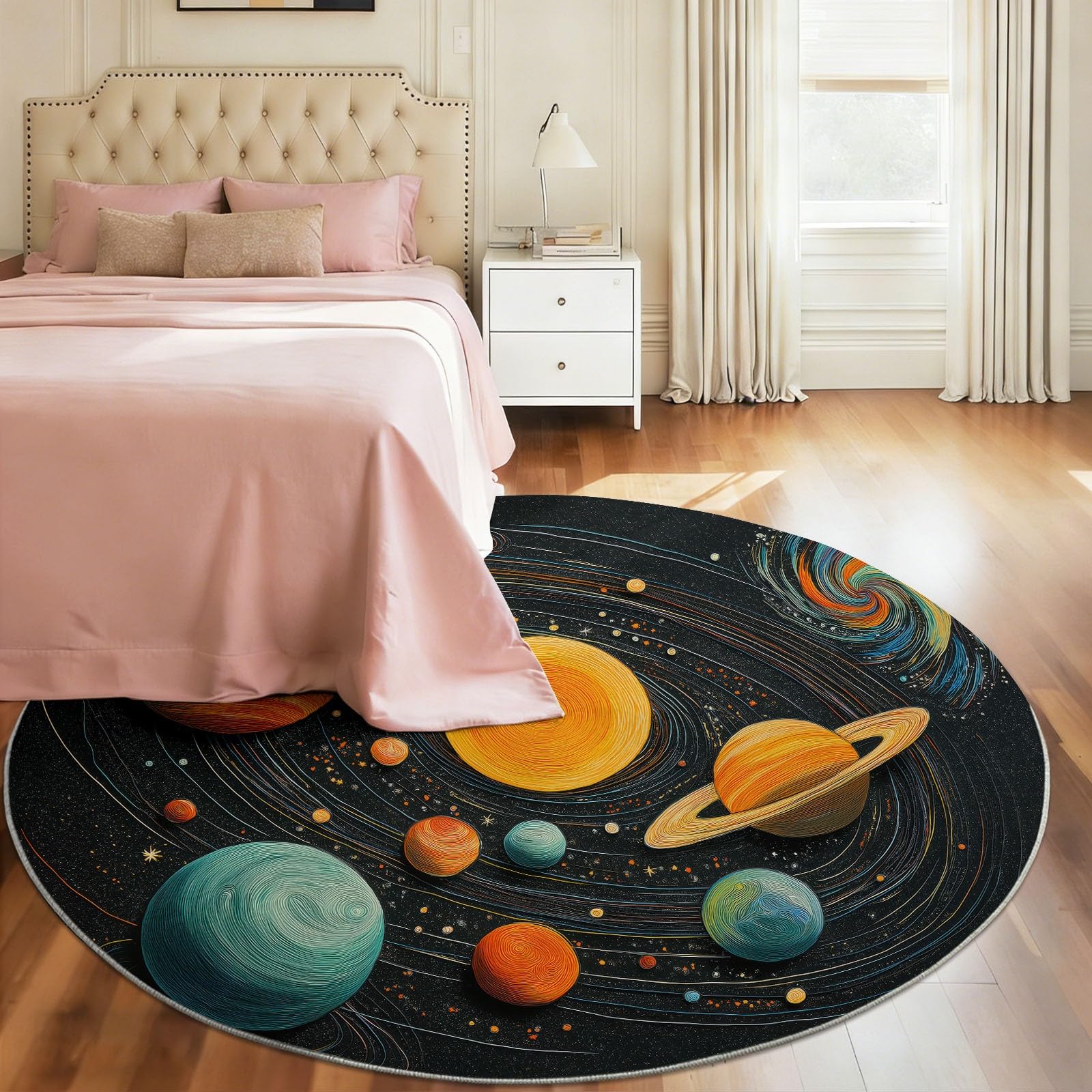 Generisch Teppich Rund 120 cm Himmlisches Universum & Sterne, Waschbar rutschfest Kurzflor, Runde Teppiche für Wohnzimmer Schlafzimmer Kinderzimmer Flur Kinder, Schwarz