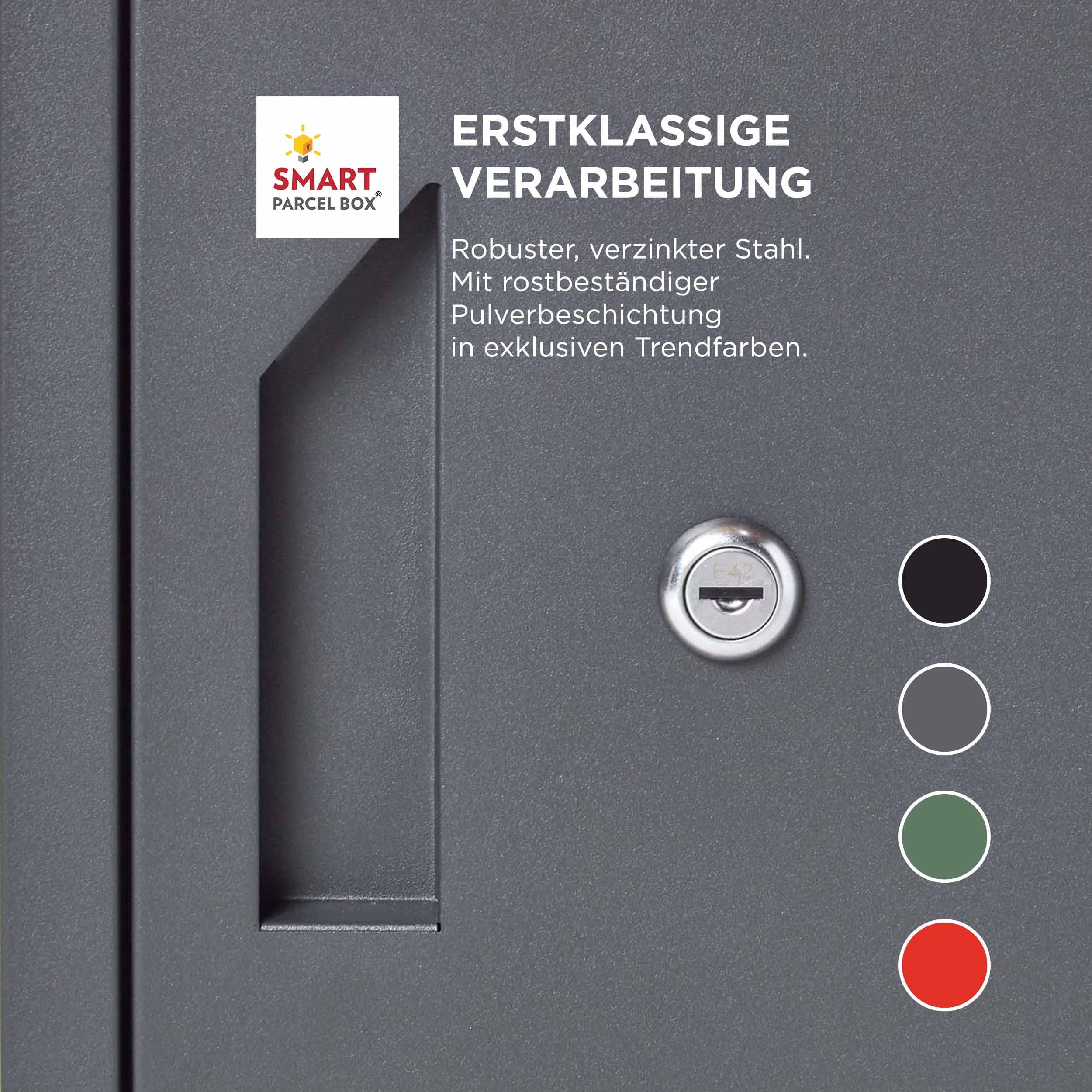 Smart Parcel Box Paketbox XXL - Paketbriefkasten wetterfest, grau | Briefkasten mit Paketfach draußen groß, Entnahme hinten & vorne, rostfrei, verzinkter Stahl, pulverbeschichtet