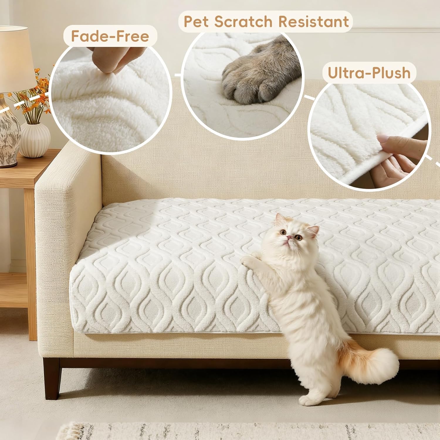 Arfntevss Couch Cover for Dogs Plush Washable Sofa Covers for 3 Cushion Couch Pet Friendly Fuzzy Sofa Slipcover 3 Seat Anti-Slip Boho Sectional Furniture Protector (Jacquard Plush Cream, 35.5" x 71")