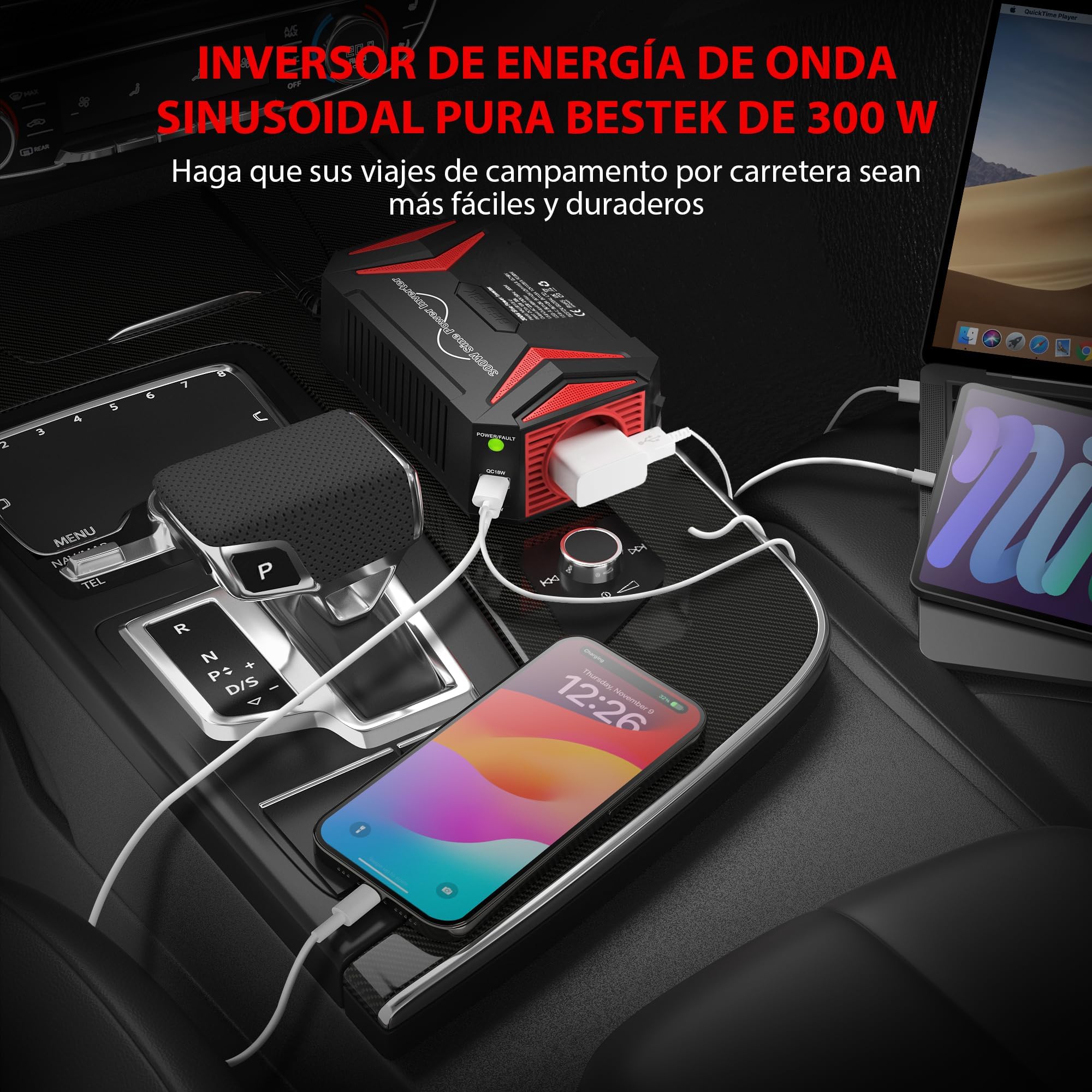 BESTEK Inversor 12v a 220v Onda Pura 300W Conversor para Coche Onda Sinusoidal Transformador con 2 Puerto de Carga Rápida（PD30W&QC18W）y 1 Toma de AC, Adaptador de Mechero Coche para Portátil, Movíl