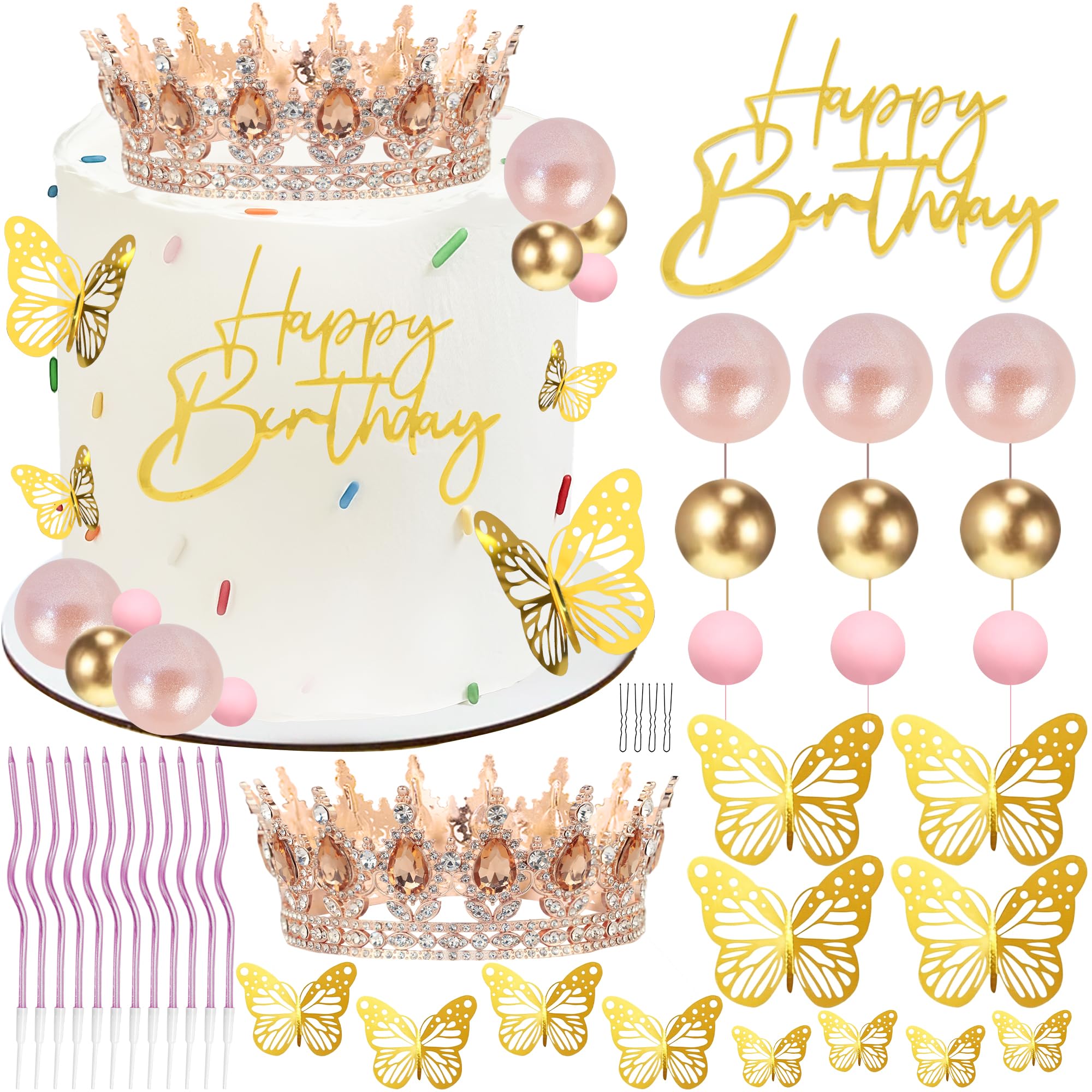 Happy Birthday Crown Cake Topper Candles Butterfly Balls Decoration