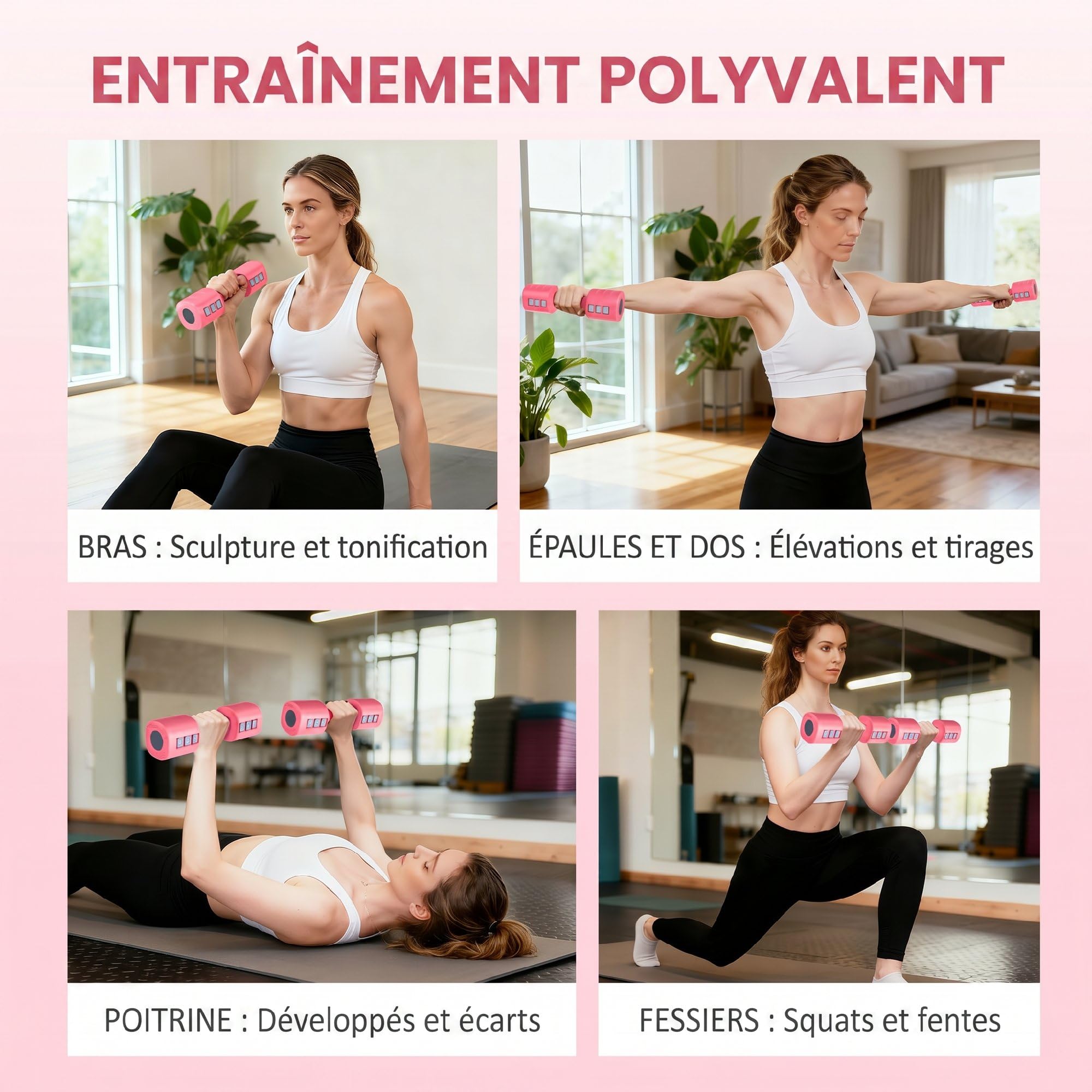 SPORTNOW Ensemble d'Haltères Réglables 2 x 2,5 kg 4 en 1, Rose Cerise | Paires d'Haltères 1kg/1,5kg/2kg/2,5kg, Poignée Antidérapante, pour Femme et Homme, Entraînement Musculaire à Domicile
