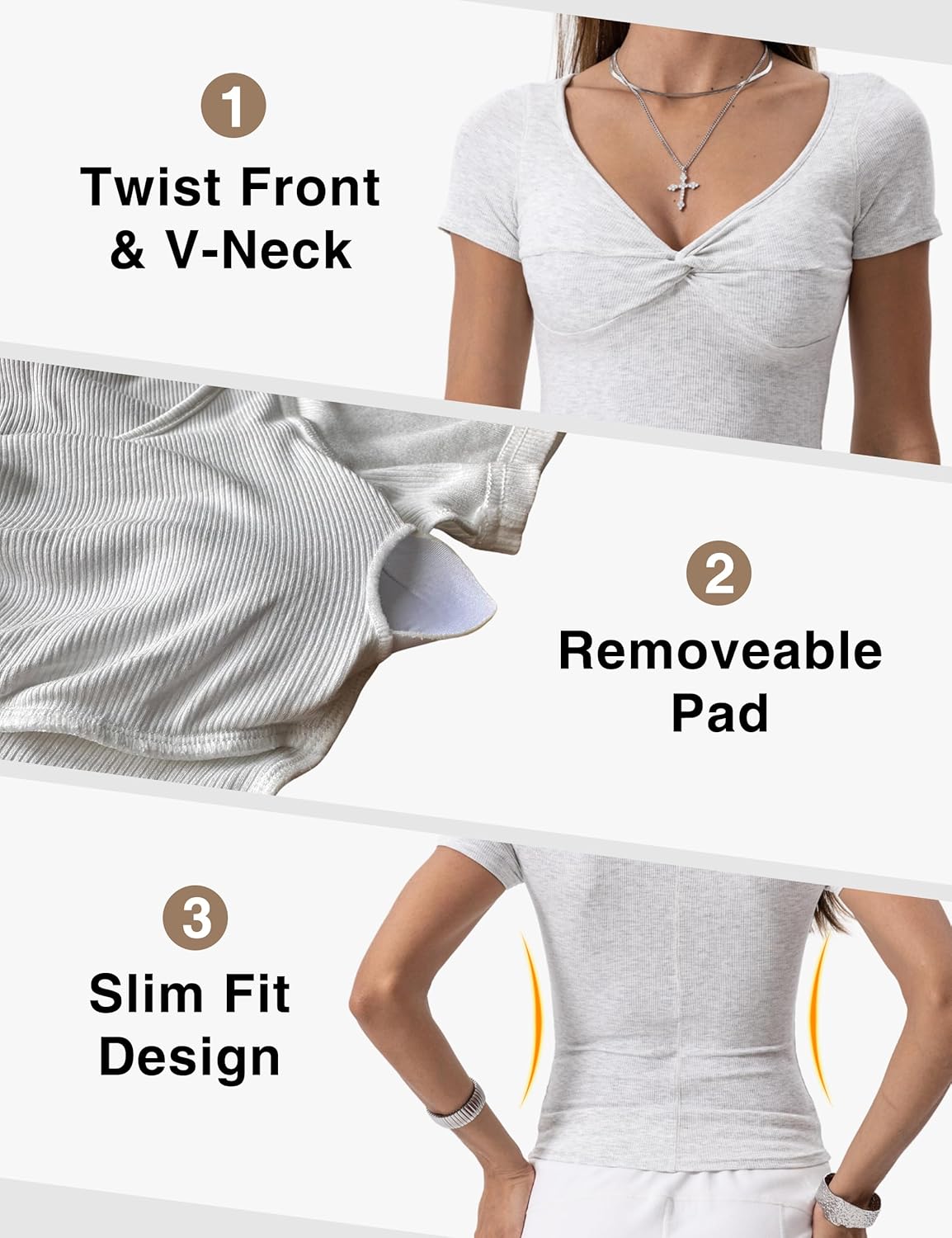 Danysu Women's Ribbed Long Sleeve Going Out Top Twist Front Sweetheart V Neckline Shirts Built-in Bra Slim Fit Tops Tee - Image 6