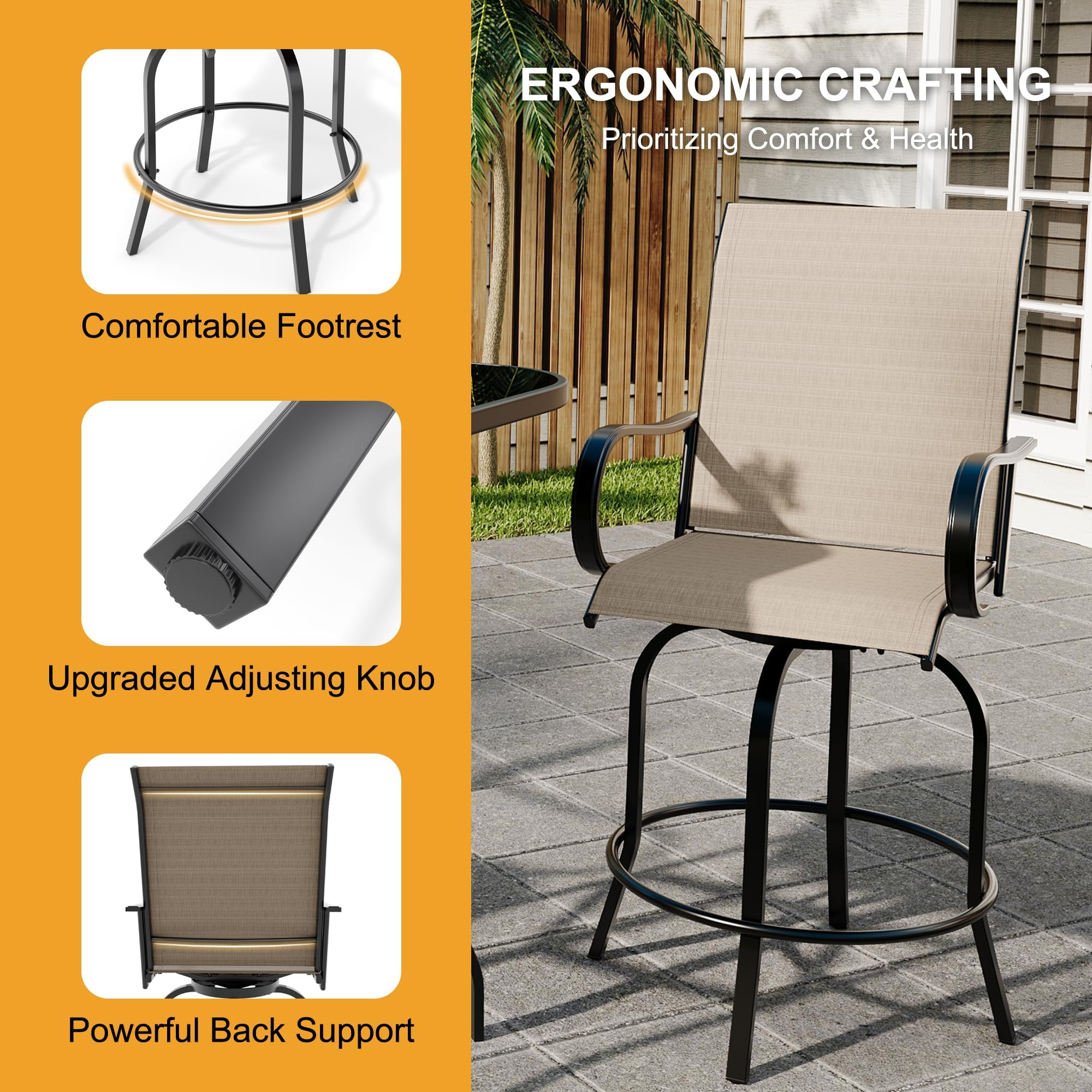 Garvee Ensemble De Bar De Jardin, Table Haute Carrée en Verre Trempé, Tabourets Pivotants, Mobilier Extérieur Résistant Intempéries, Idéal pour Terrasse, Balcon, Jardin, Piscine