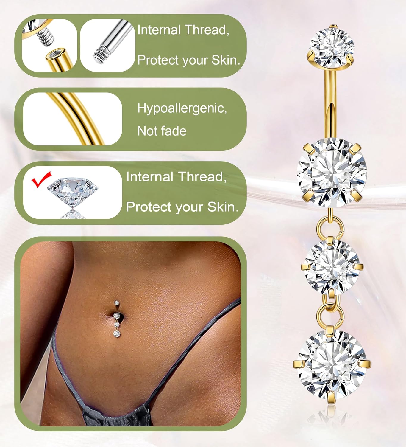 G23 Titanium Dangle Belly Button Rings for Women Dangling Navel Rings CZ Belly Rings Curved Barbell Internally Threaded Belly Piercing Jewelry - Image 4