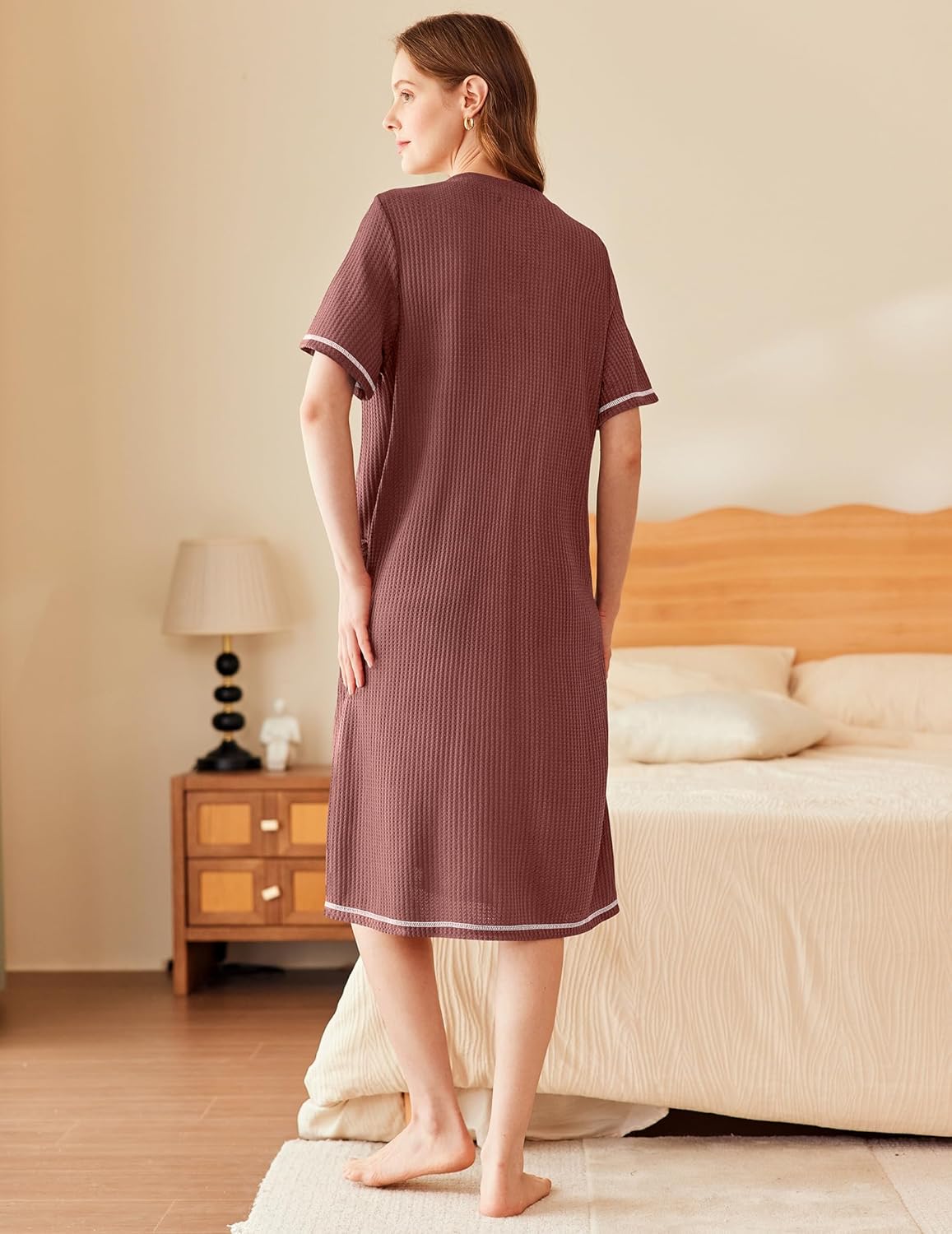 Ekouaer Zipper Robes for Women Waffle Knit Bathrobes Short Lightweight Knee Length Loungewear with Pockets S-XXL - Image 5