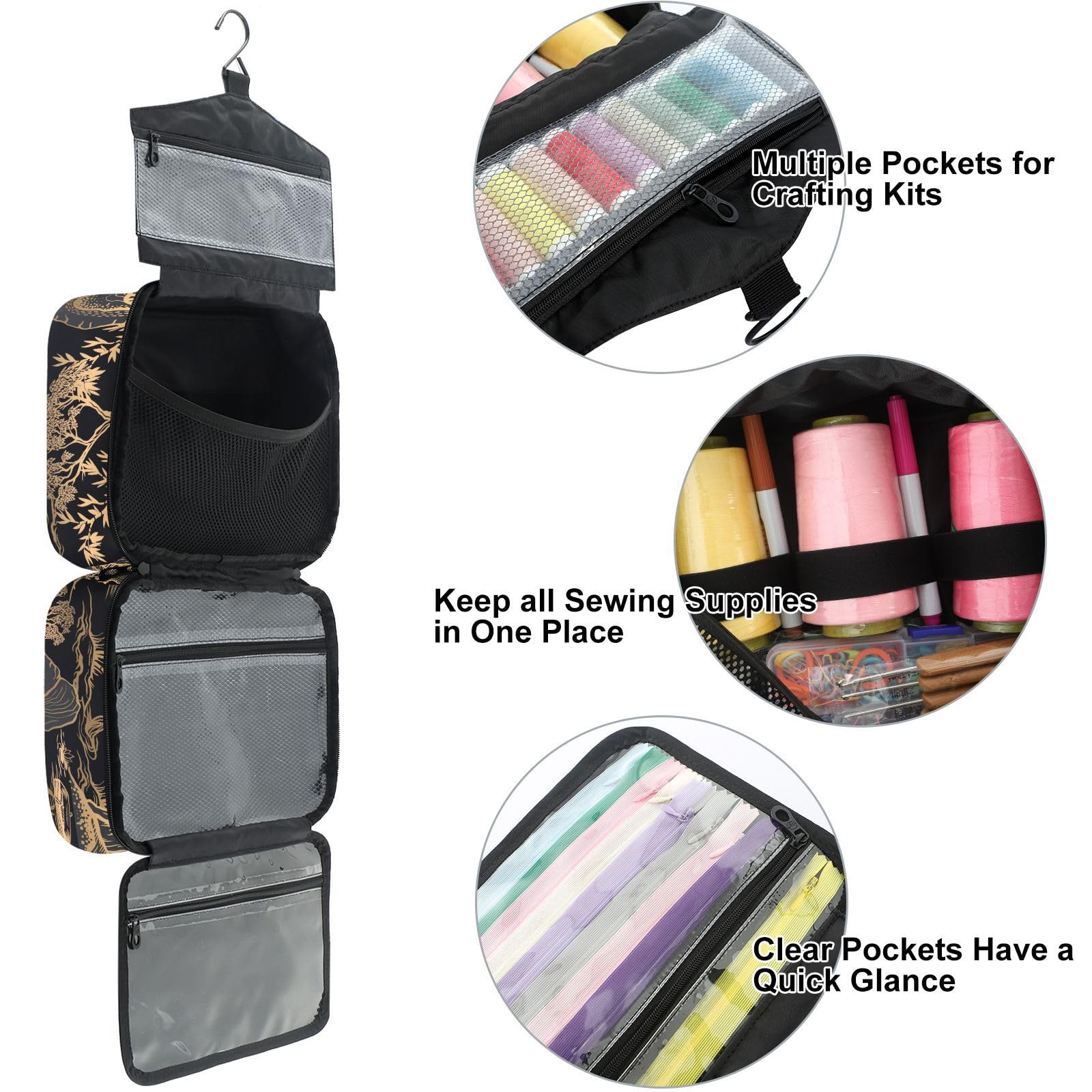 YNNALE Sewing Supply Organizer Bag, Chinoiserie Black and Gold Mountain River Landscape Portable Sewing Bags with Pockets&Hanger, Sewing Storage Box Case for Sew Supplies/Kit/Tools/Accessories