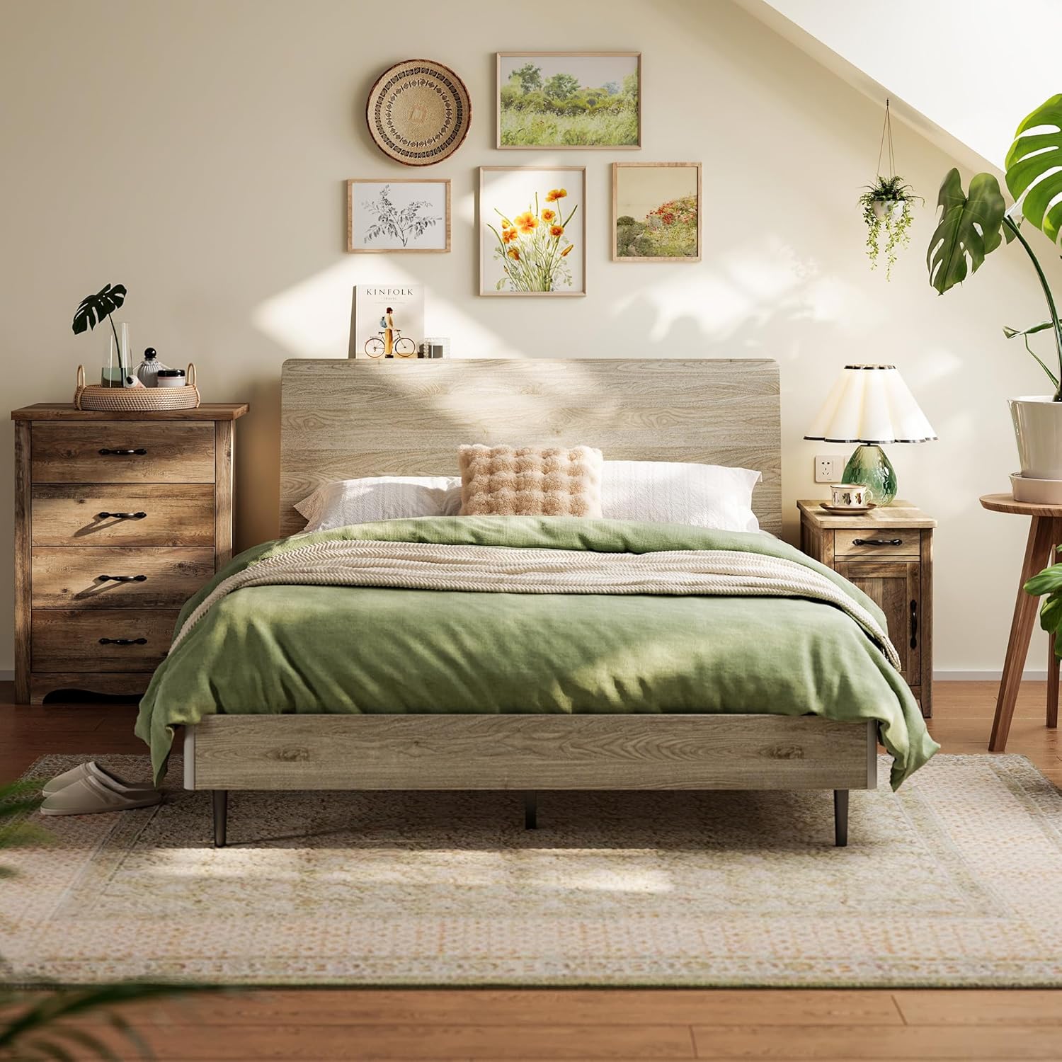 LINSY Wood Bed Frame Queen with Ergonomic Headboard, Queen Bed Frame with Storage Shelf, Noise-Free, No Box Spring Needed - Beige Beige Queen Farmhouse