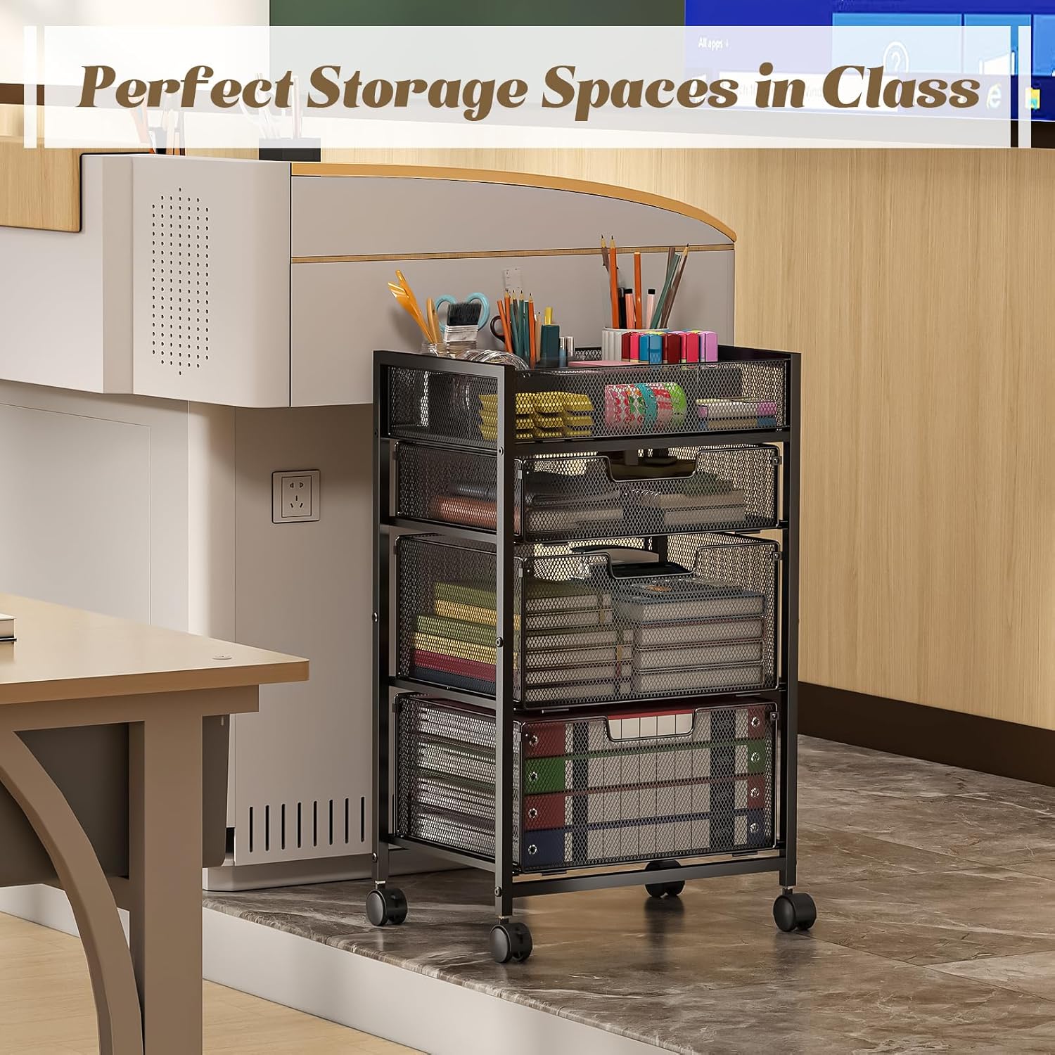 4-Tier Rolling Utility Cart with 3 Drawers, Craft Organizer and Storage with DIY Divider, Art-Craft Supplies with Caster Wheels, Multi-Functional Storage For Classroom, Office, Paints, Artifacts - Image 7