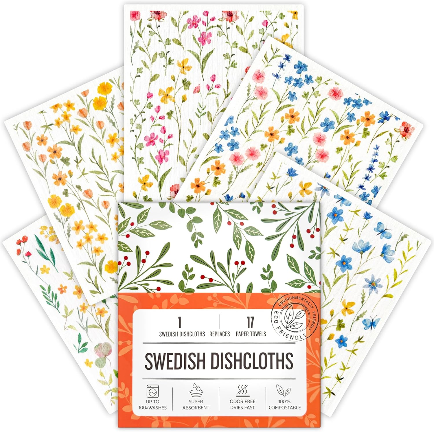 Swedish Dishcloths for Kitchen, 5 Pack Flowers Reusable Paper Towels Washable, Super Absorbent Swedish Dish Cloths, Biodegradable, Non-Scratch, No Odor