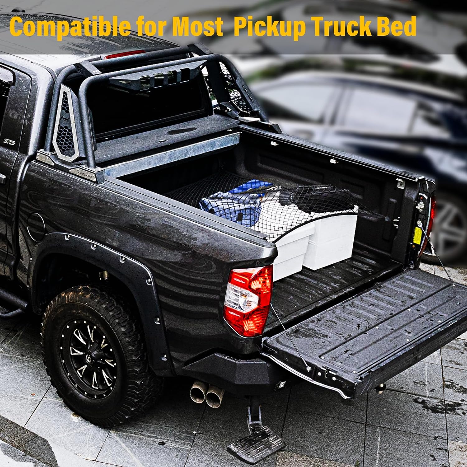 Cargo Net for Pickup Truck Bed, Trucks Cargo Net Mesh Organizer, 4'x4' Stretch to 7'x7' Highly Elastic Truck Bed Net for Camping, Trip Luggage, Compatible with Trailer, Ford, Chevrolet, Dodge