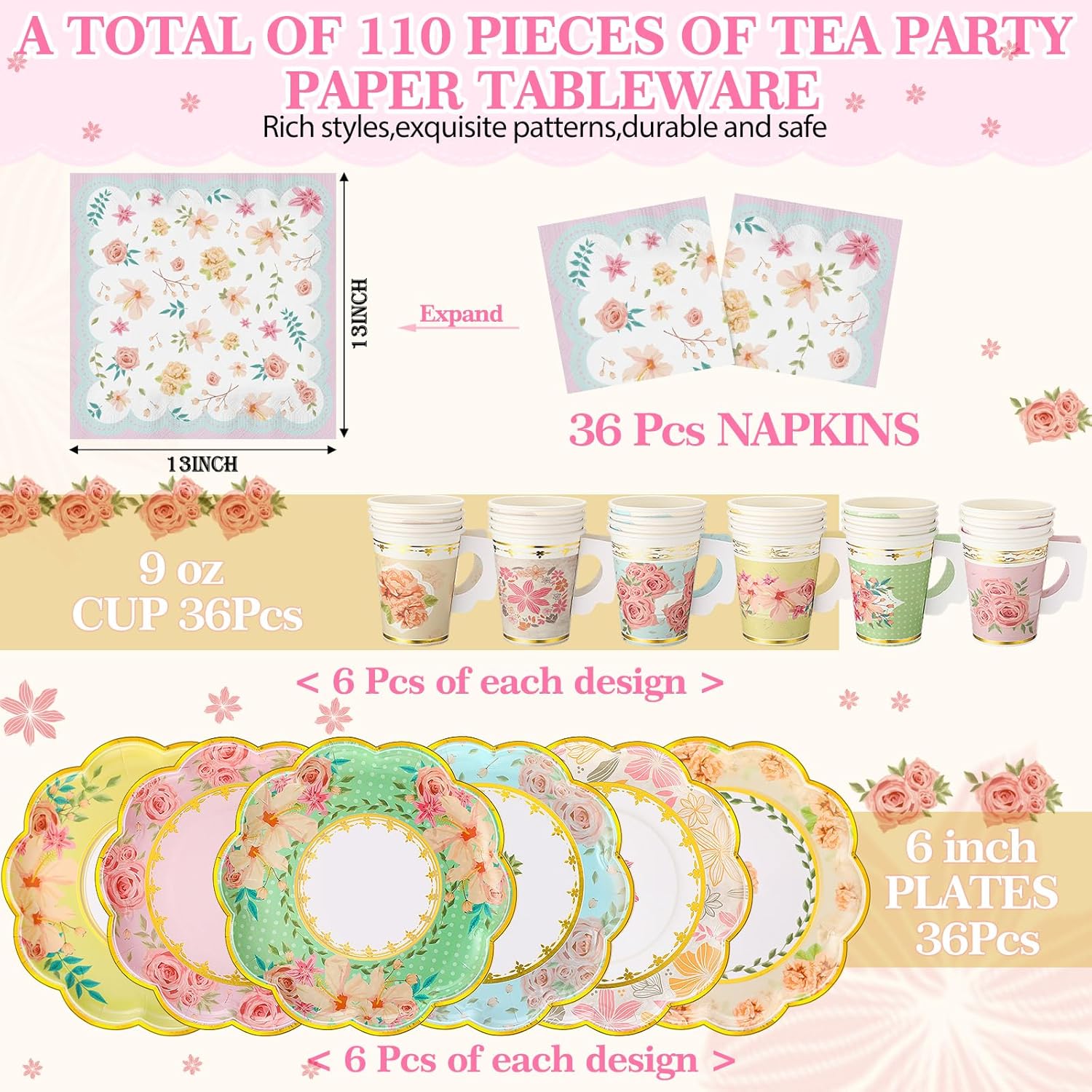 Yungyan 110 Pcs 36 Guests Tea Birthday Party Supplies Disposable Tableware Set Include 6" Paper Plates 9 oz Cups with Handle 3 Tier Floral Cake Stand Napkins Tablecloth for Floral Party Wedding
