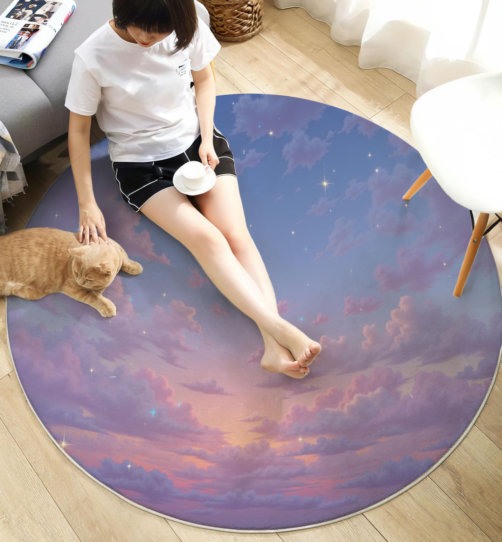 Tapis Rond 120cm Lavable Machine, Moquette Antidérapante Poil Bas Style Ciel Onirique, Motif Ciel Étoilé Lune Doux pour Salon Chambre Cuisine Nursery Bureau