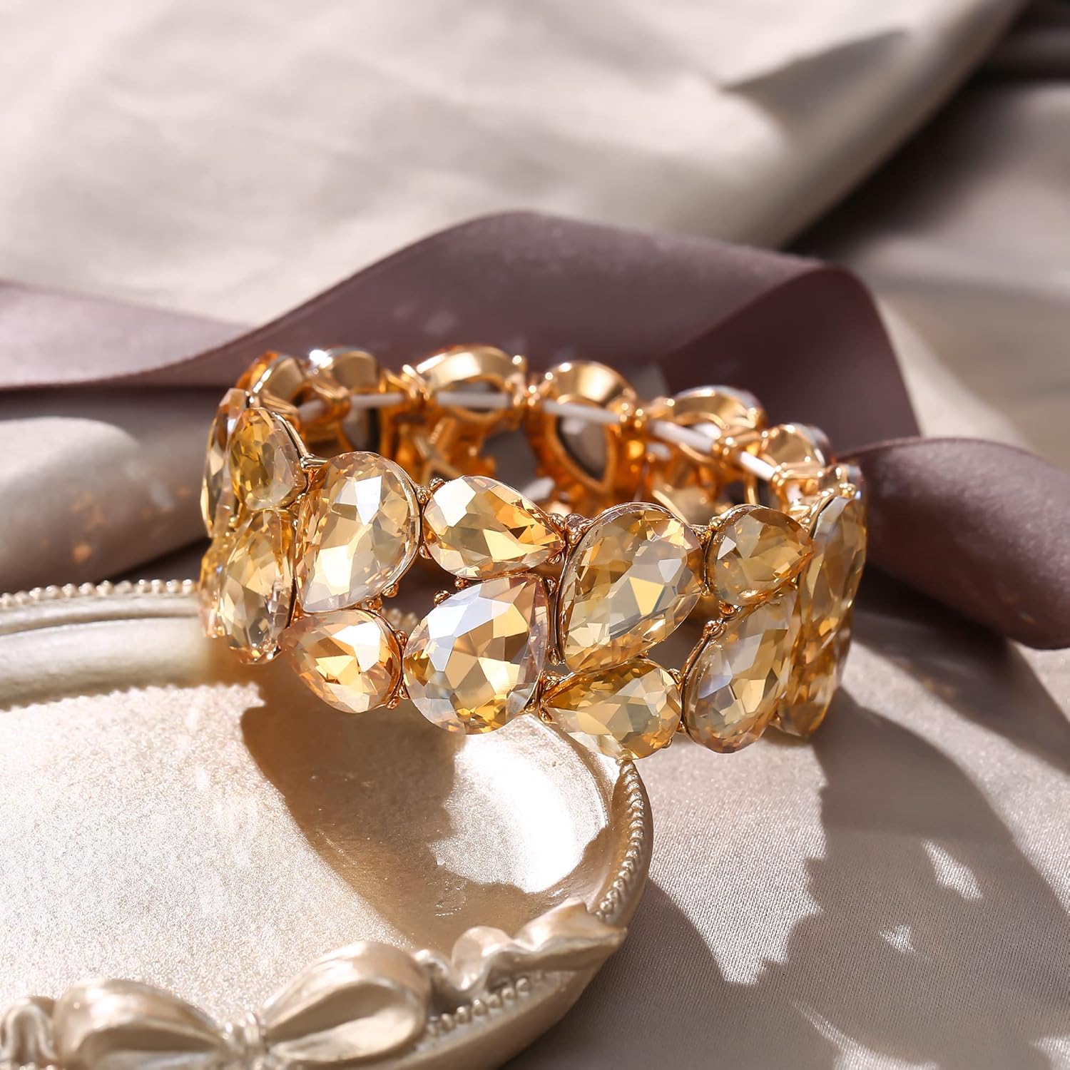 EVER FAITH Wedding Austrian Crystal Elastic Stretch Bangle Bracelet for Bride, Art Deco Elegant Taerdrop Vintage Party Wrist Jewelry for Woman - Image 3