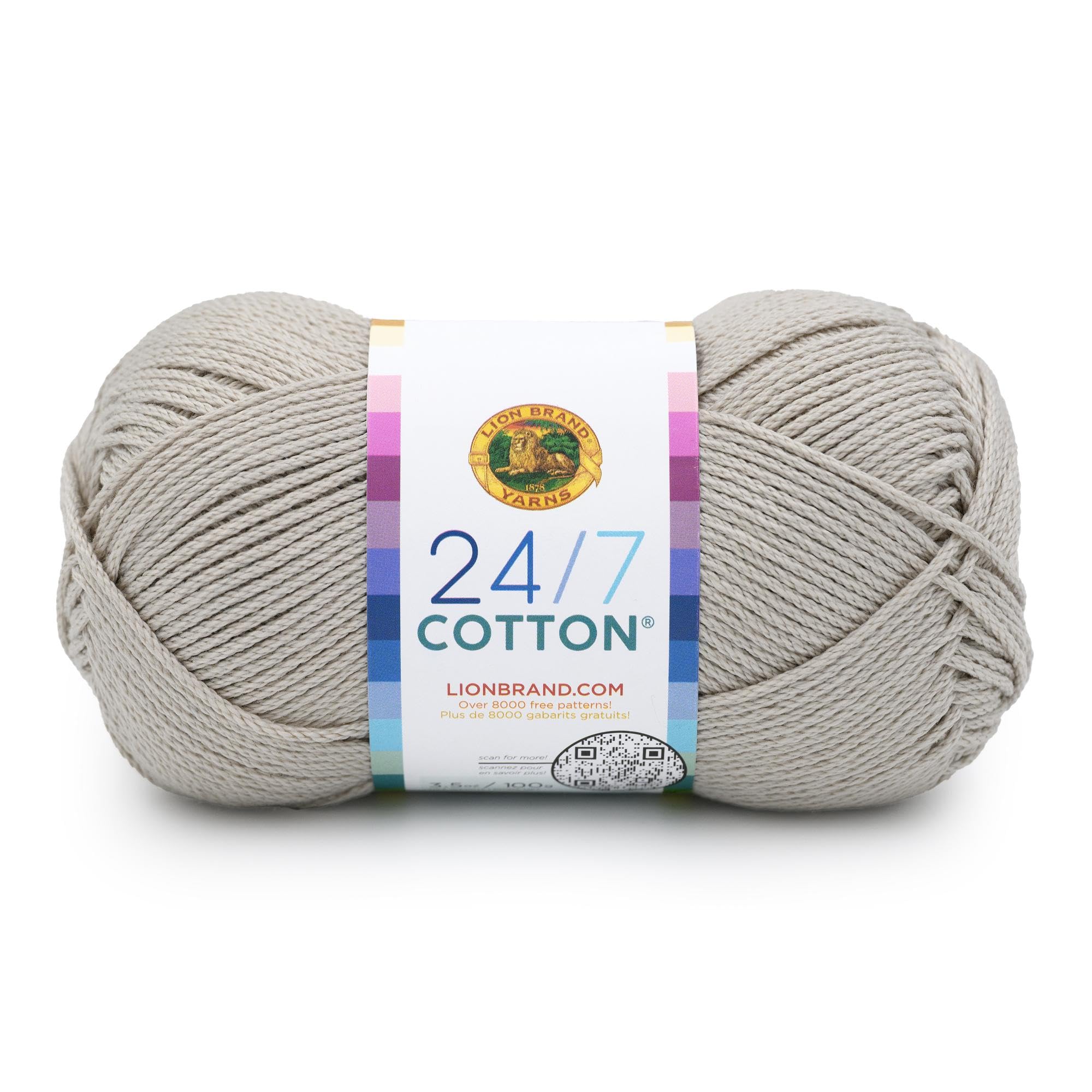 Lion Brand Yarn, 24/7 Cotton Yarn, Linen, Greige, 1 Pack