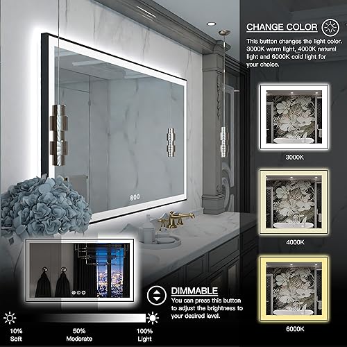 Miniatura 10 de Espejo de baño LED de 36 x 32 pulgadas con retroiluminación y luz frontal, espejo iluminado regulable, marco para pared, antivaho inastillable