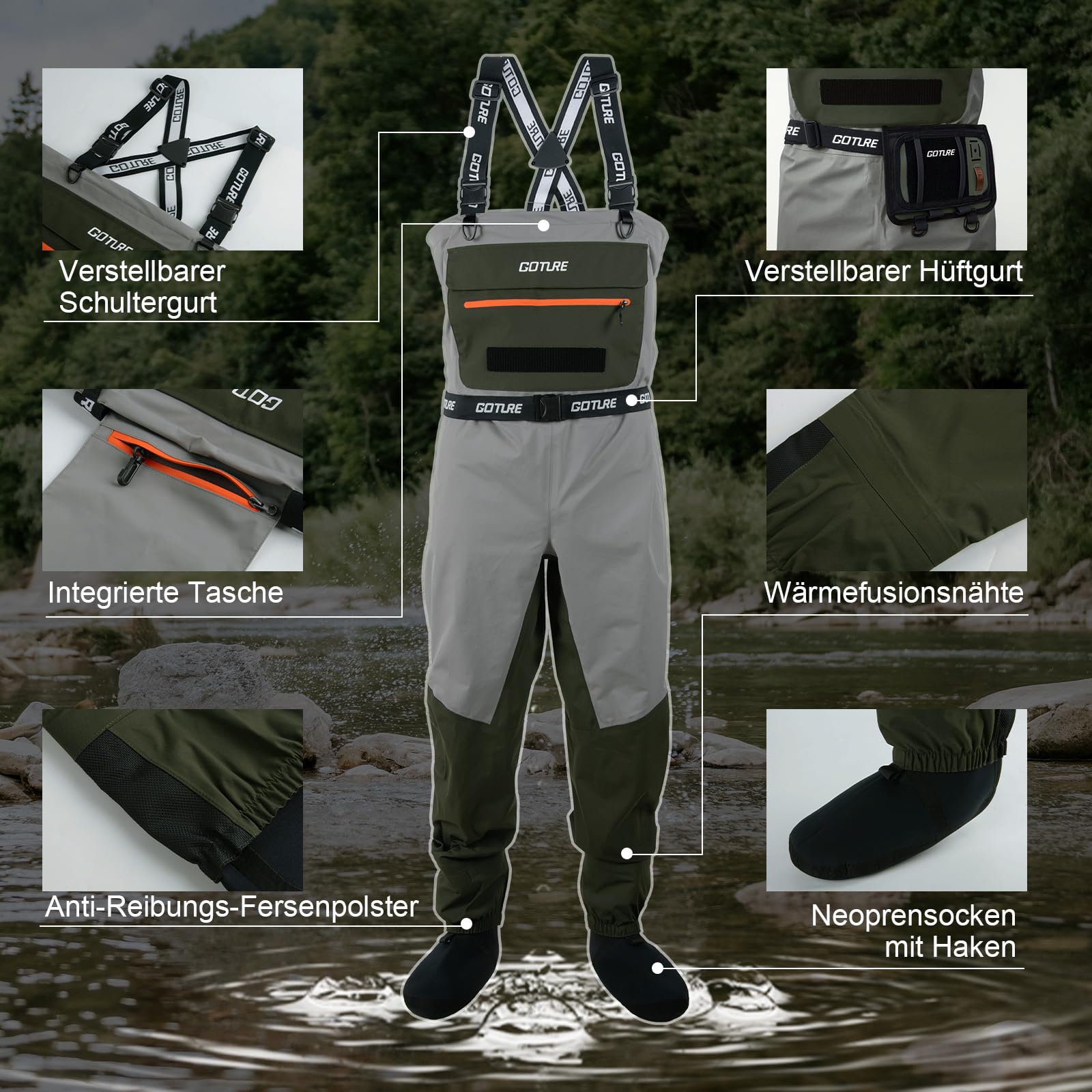 Goture Atmungsaktive Wathose Herren Wasserdicht, 5-Lagen Nylon Angeln Brustwathose mit Abnehmbarem Ausrüstungsgürtel, 25000mm WPR, 4mm Neopren-Füßlinge für Fliegenfischen