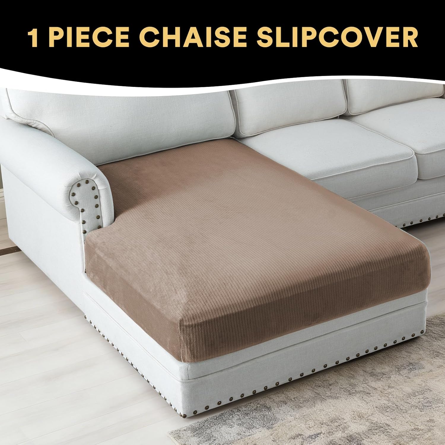 PrinceDeco Velvet Couch Covers for Sectional Sofa,Stretch Soft Sofa Cushion Covers L Shape Sofa Slipcovers Anti Slip Furniture Refresh Protector Pet Friendly, 1 PC Medium Chaise Cover, Mocha