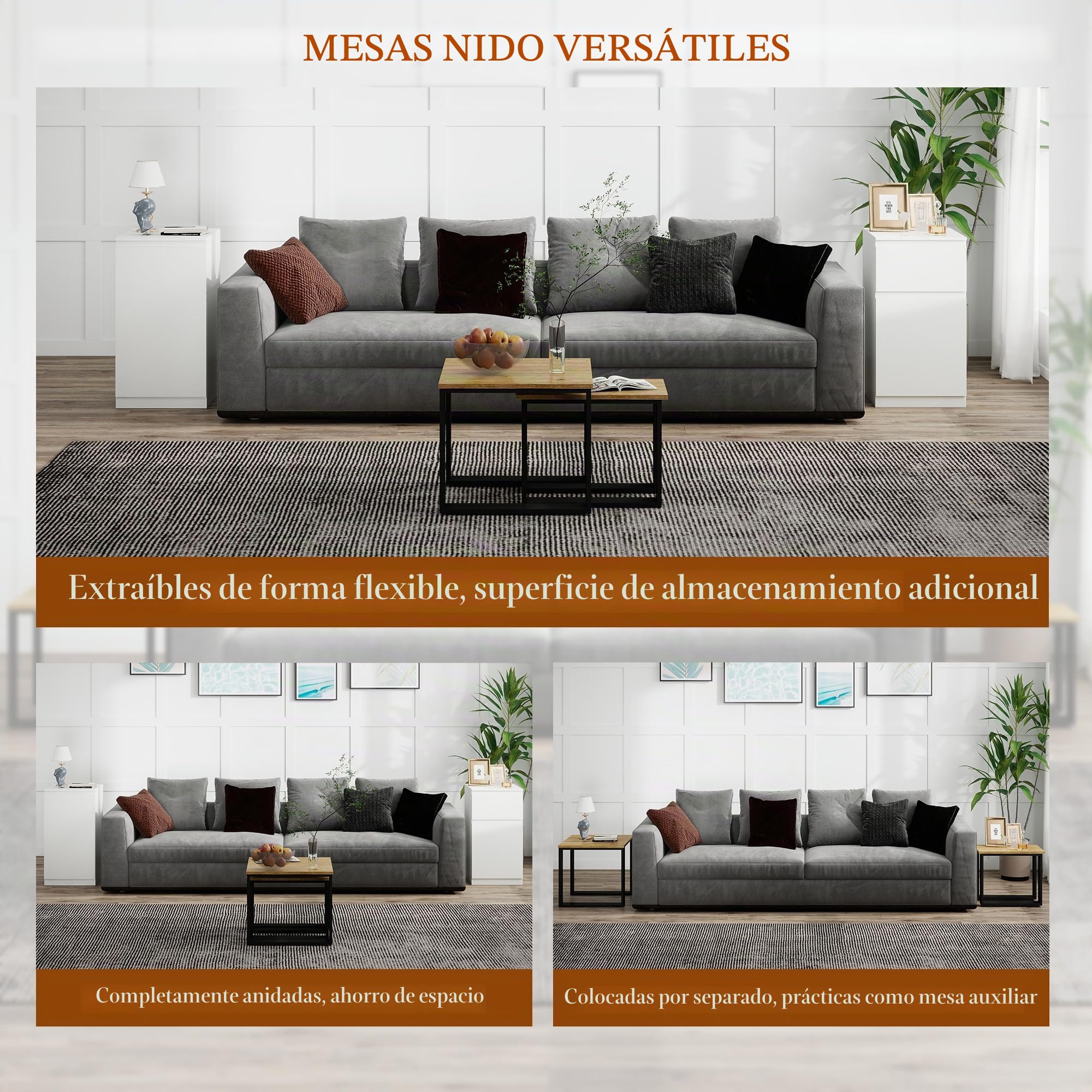 Juego de 2 Mesa Nido de Centro Pequeña Cuadrado Madera 50CM(Roble Falso) | Mesitas Auxiliares Pequeñas Mesita Noche Mesas de Centro Salon Sofa Estar Café Jardín 50x50CM(Imitación Roble)
