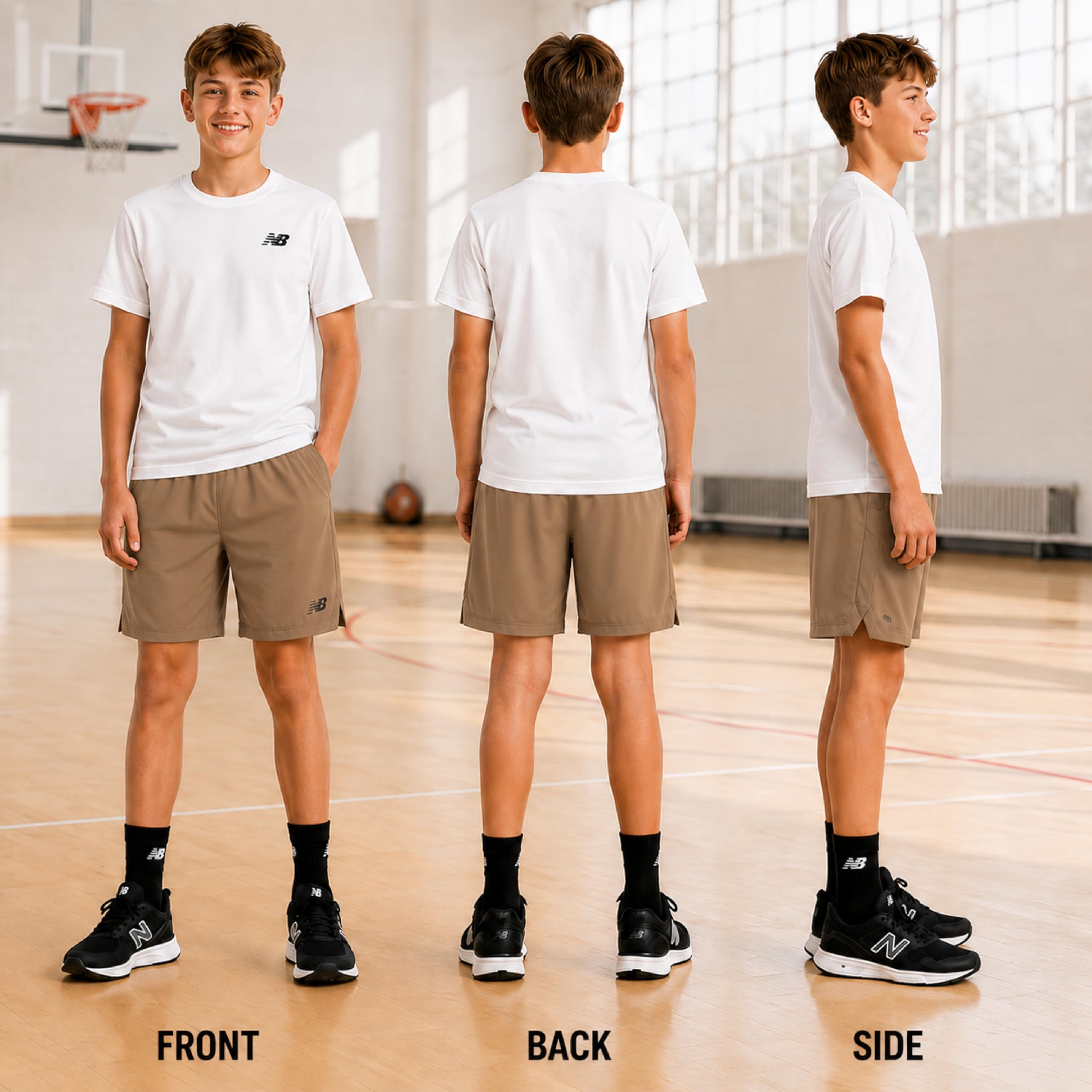 New Balance Pantalones cortos deportivos para niños, pantalones cortos de gimnasio tejidos de rendimiento ligero con bolsillos para baloncesto y fútbol (8-20)