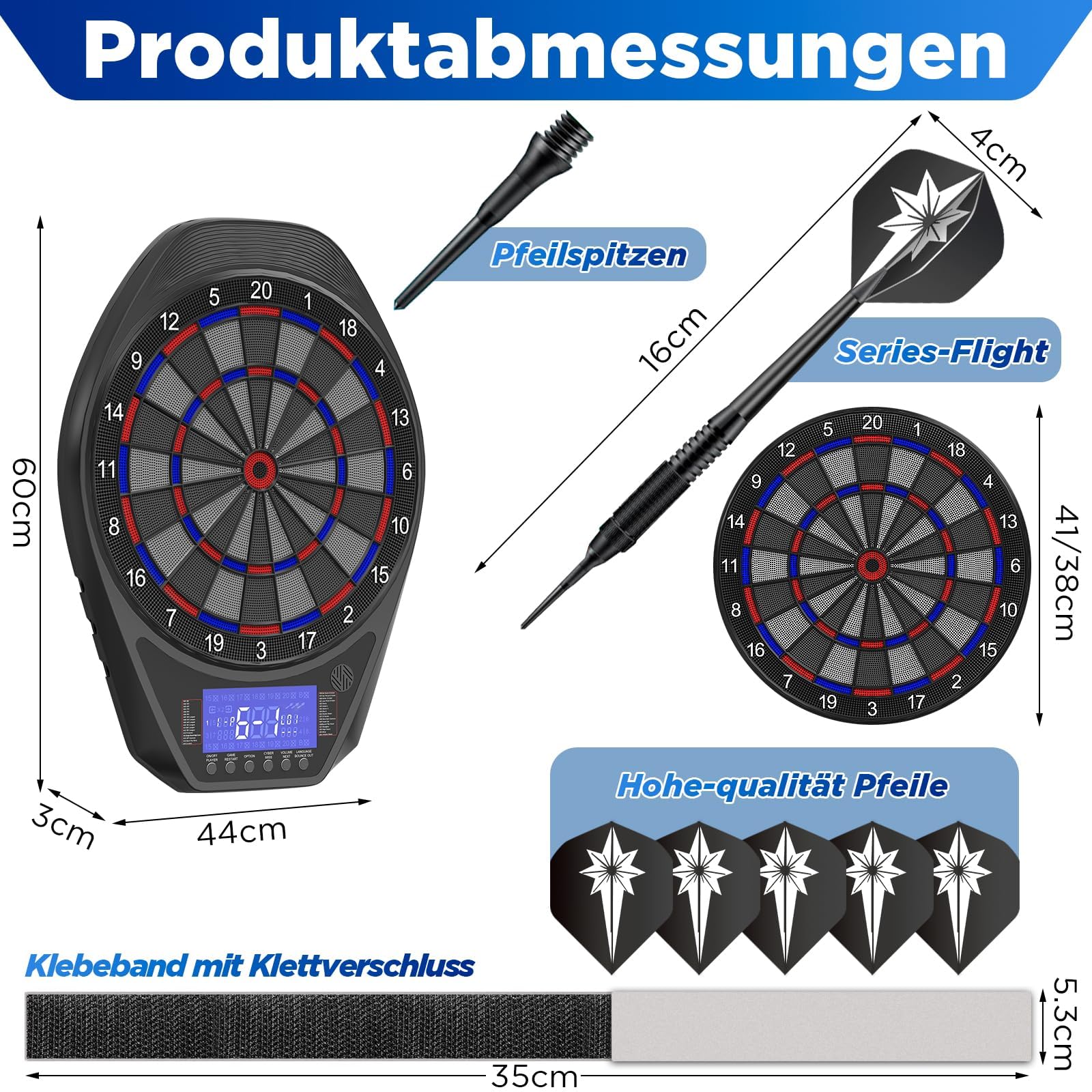 Dartscheibe Elektronisch mit LED-Lichtmodi, Automatische Punktzählung LCD, 34 Spiele & 72 Varianten, Soft/Steeldart geeignet, Komplettset mit 12 Pfeilen + 100 Ersatzspitzen, Type-C Aufladung