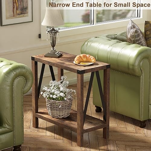 Miniatura 11 de ChooChoo Juego de 2 mesas auxiliares de granja, mesa auxiliar estrecha con estante de almacenamiento, mesita de noche rústica con diseño A para sala