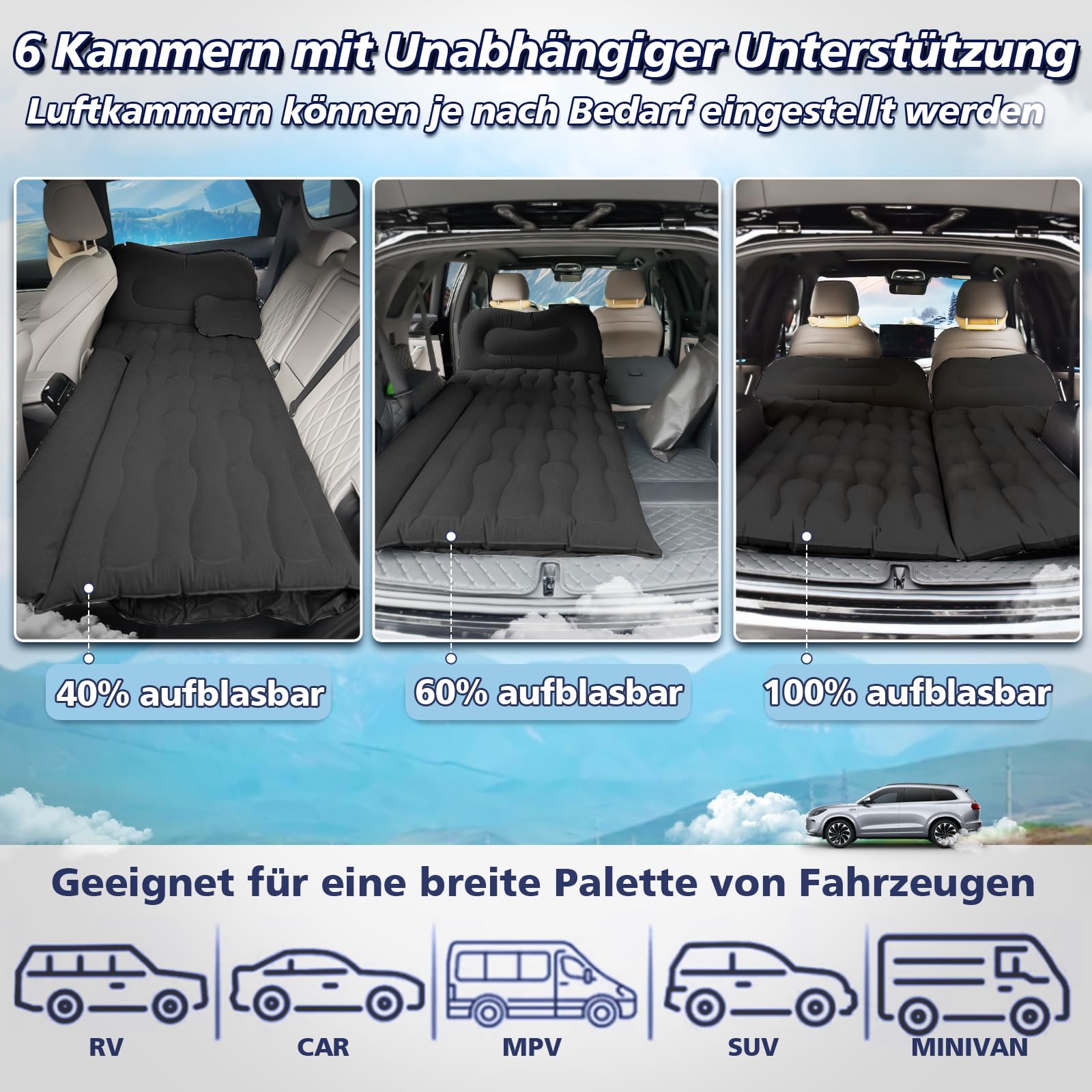 FORMIZON SUV Aufblasbare Matratze, 180 * 140cm Auto Luftmatratze, Aufblasbare Matratze Kofferraum mit Luftpumpe und 2 Kissen, Tragbare Doppelseitige Dickere Auto Bett für Reisen Camping Outdoor