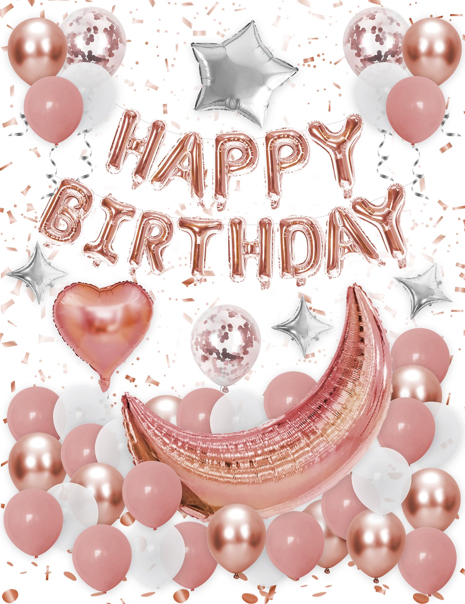 Birthday Balloon,Pink Balloon Decorations Set, Confetti Balloons with Ribbon & Double-Sided Tape, Star Foil Balloons Birthday Party Celebration Surprise Unise for All Ages