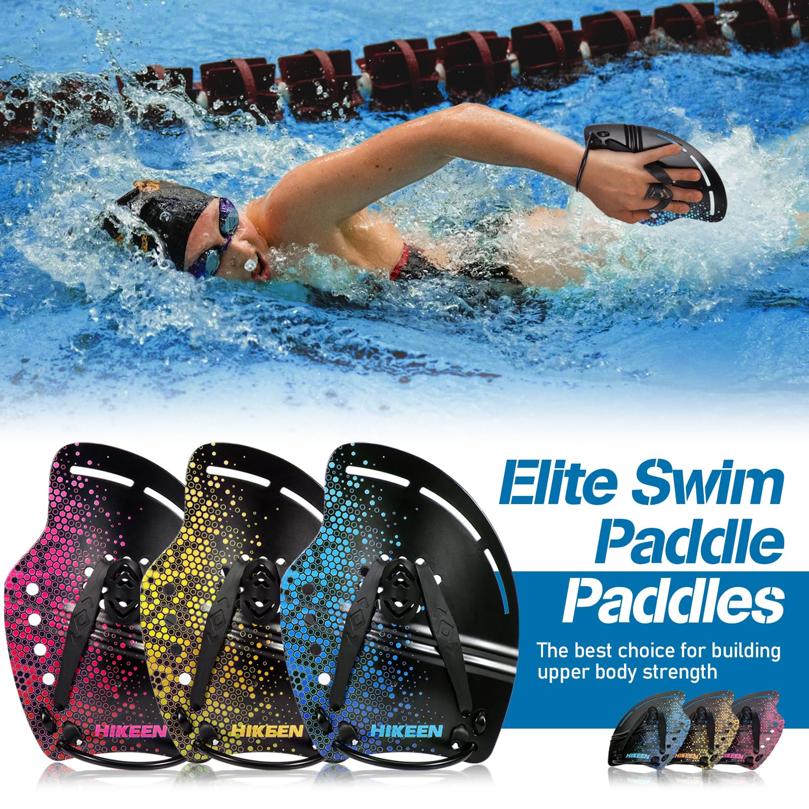 BOOSTEADY Pagaie da nuoto curve, pagaie da nuoto a mano con cinghie regolabili, paddle da nuoto per allenamento di forza superiore del corpo in nuoto, blu/giallo/rosa