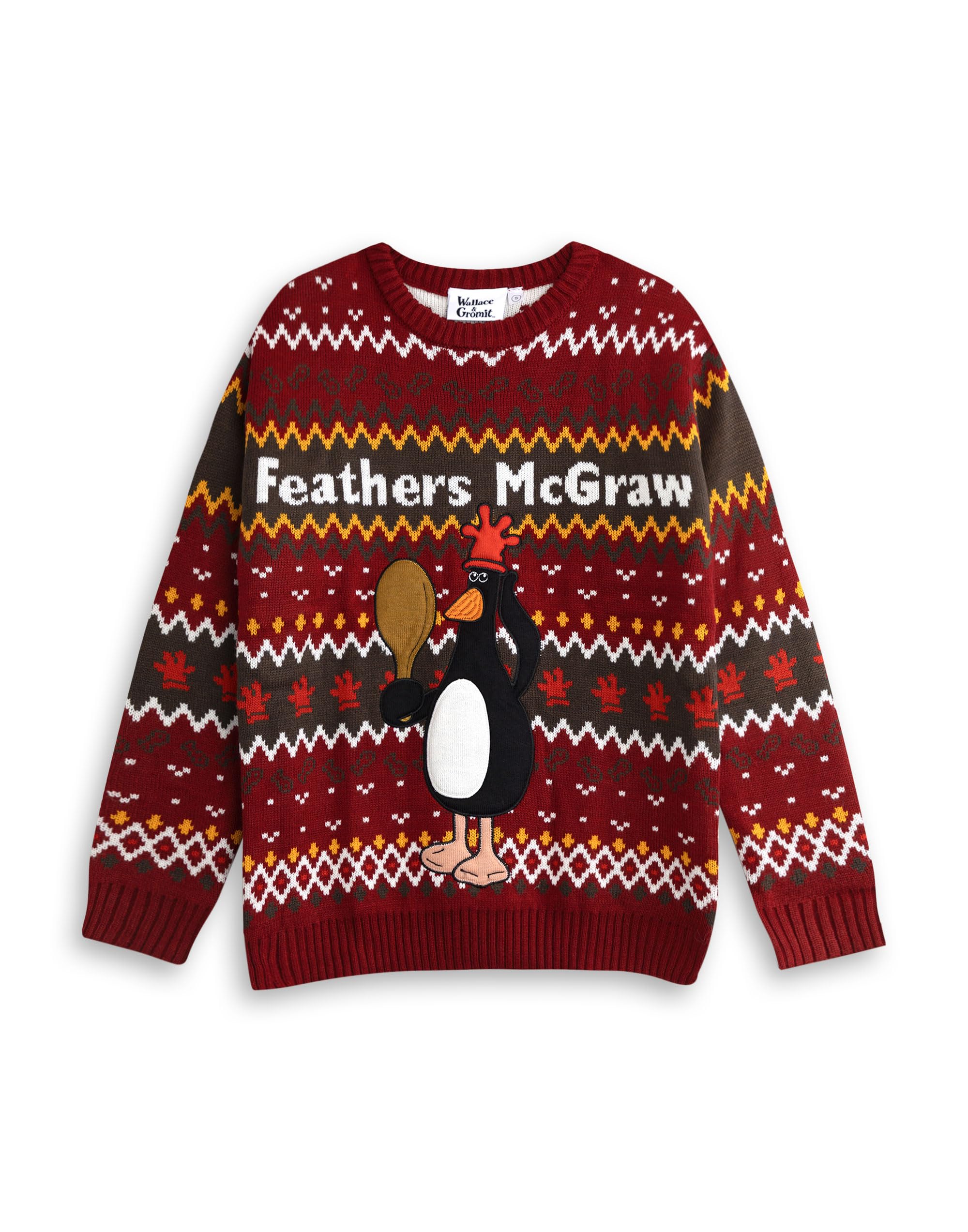 Vanilla Underground Unisex Red Wallace And Gromit Feathers Mcgraw Maroon Christmas Jumper | Long Sleeve Crew Neck Holiday Wear | Wallace And Gromit Merch - XX-Large