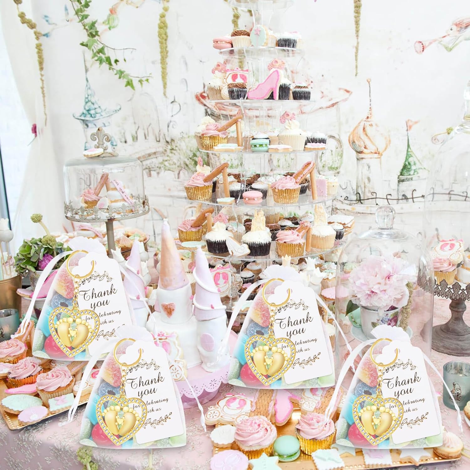 50Set Baby Foot Modeling Keychain with Organza Bags Thank You Tags, Wedding Party Favor Souvenir Gift for Guests