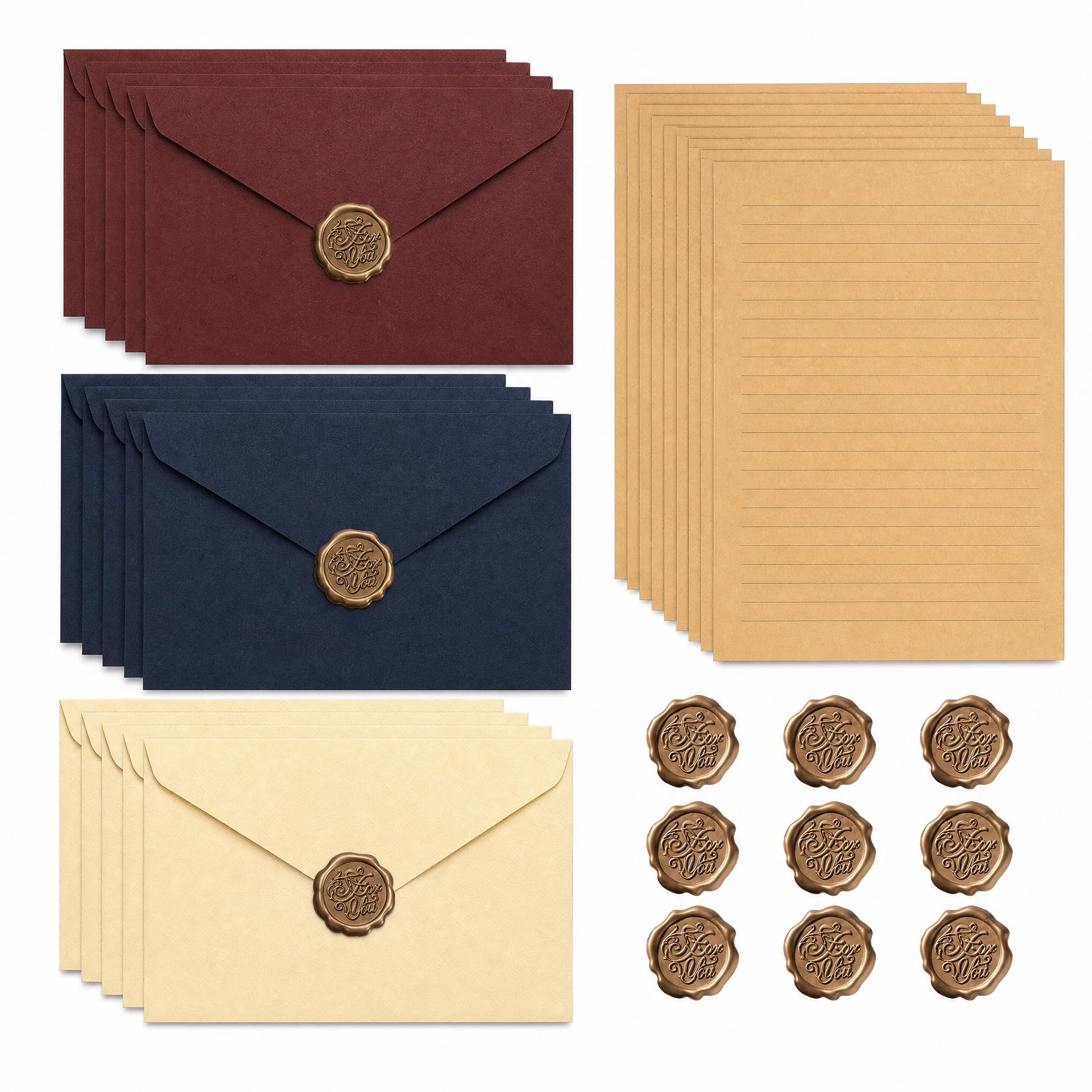 Vintage Writing Paper and Envelopes Set 56PCS, Letter Writing Set with A5 Kraft Lined Paper, 15 Linen Textured Envelopes and 15 Wax Seal Stickers for Birthday Wedding Invitation Greeting Cards