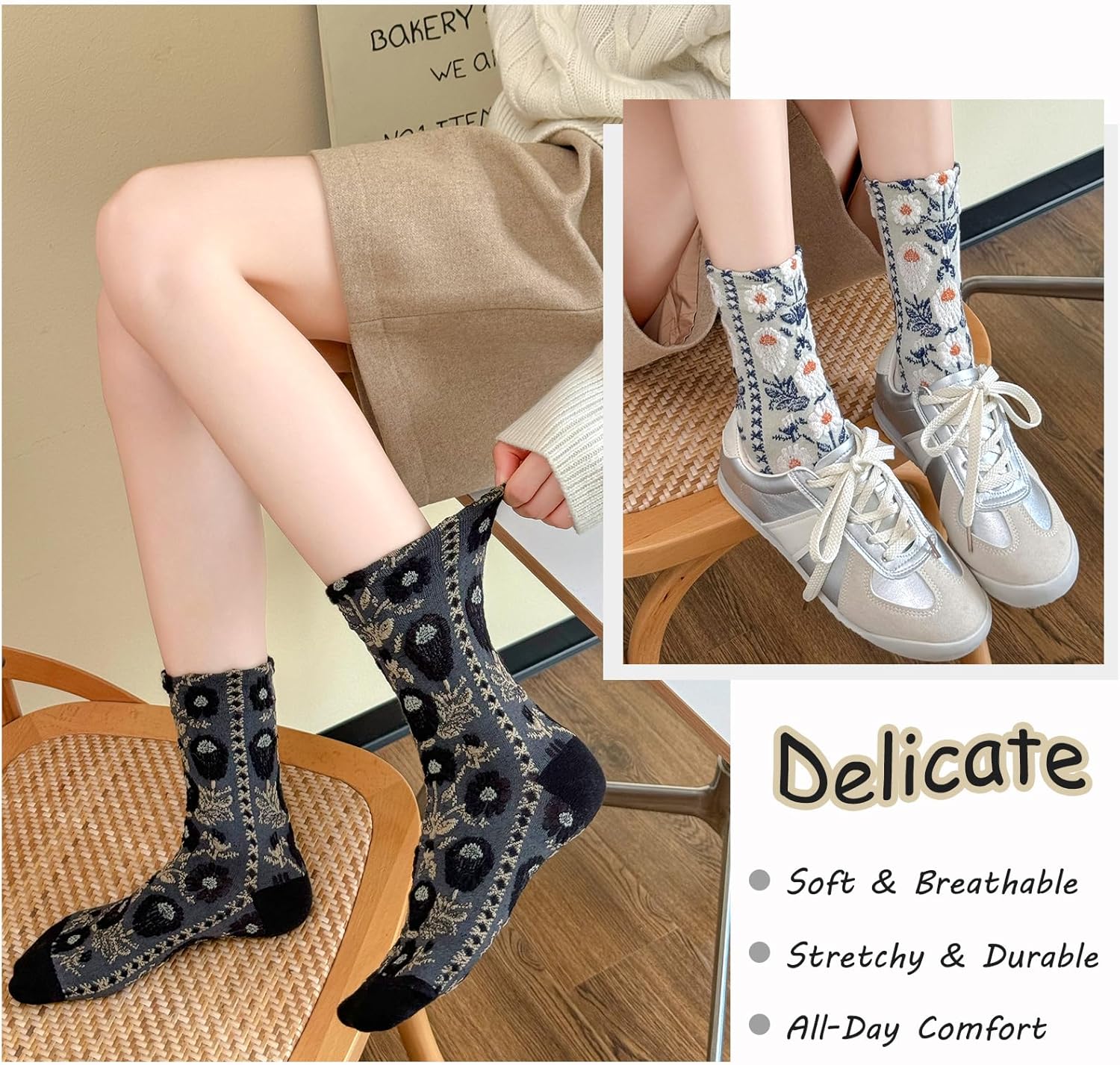DXYAKY Women’s Floral Embroidered Crew Socks, 5 Pairs Vintage Novelty Ruffle Cotton Dress Socks, Elegant Breathable Cute Girl - Image 4