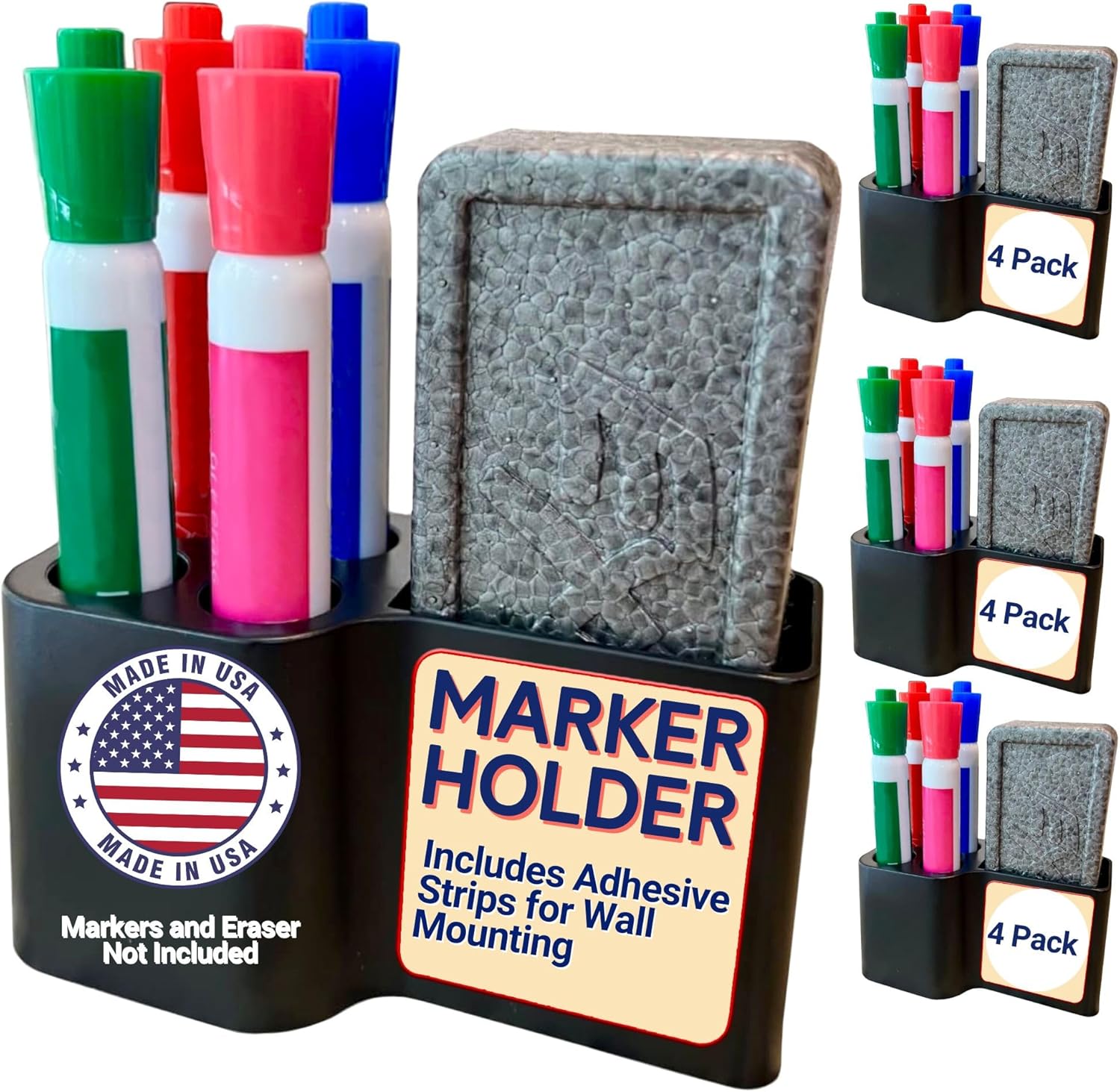 Storage Theory Whiteboard Marker Holder Magnetic - Dry Erase Marker Organizer with Adhesive Mount - Office Supplies Organizer for Classroom, School, Fridge - Made in USA, Black 4 Pack
