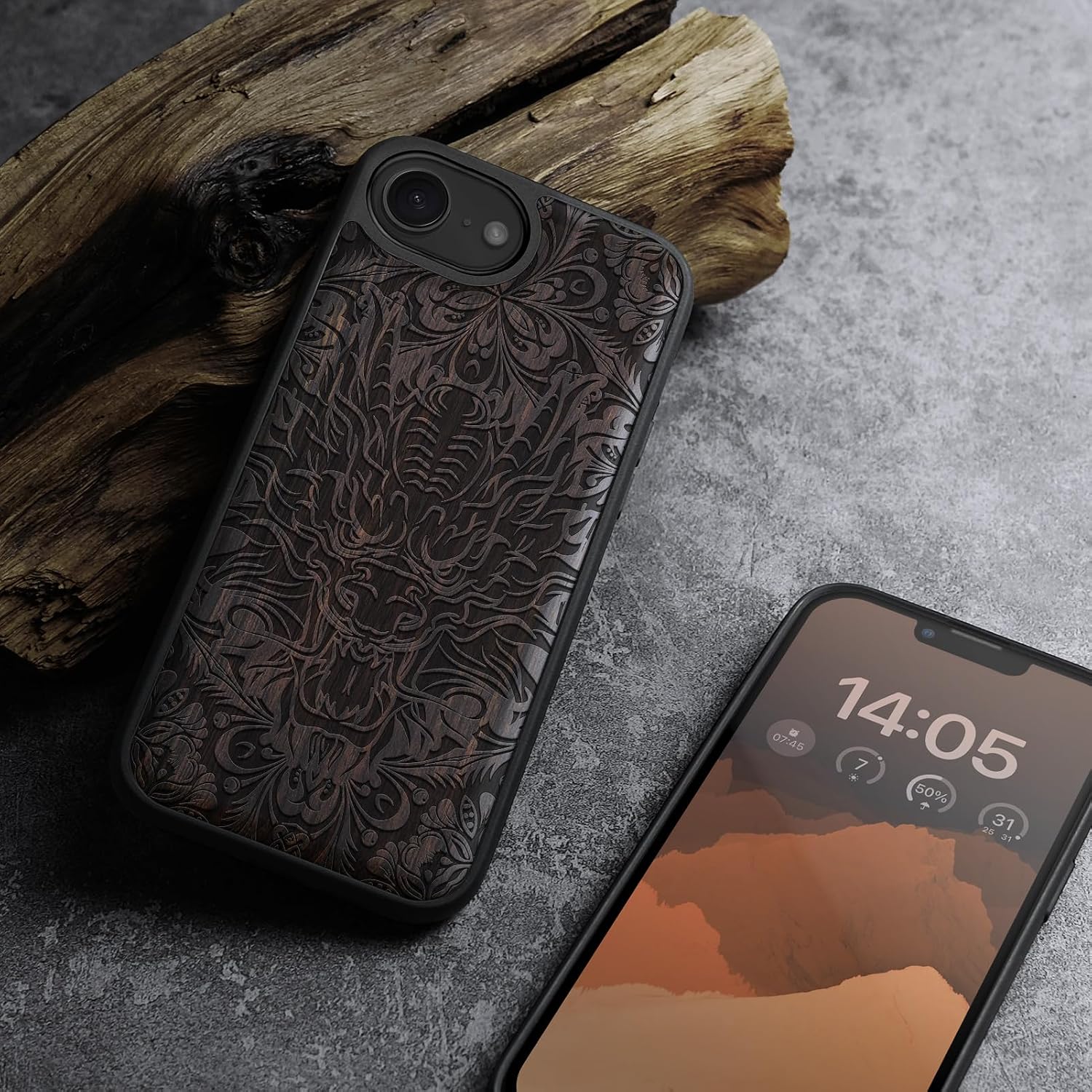 Carveit Magnetic Wooden Case for iPhone 16e / 17e, Solid Wood & TPU, Artisan Engraved Design, Shockproof Cover, Compatible with MagSafe Wireless Chargers, Dragon's Aura – Guardian Spirit - Blackwood