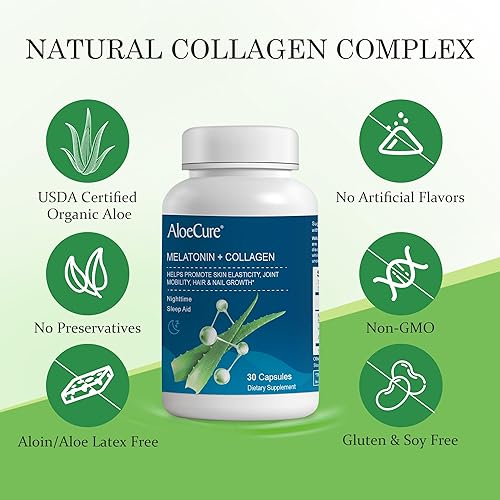 Miniatura 4 de AloeCure Melatonina natural + colágeno con aloe vera orgánico  Suplemento natural para dormir para noches reparadoras  Complejo de colágeno para