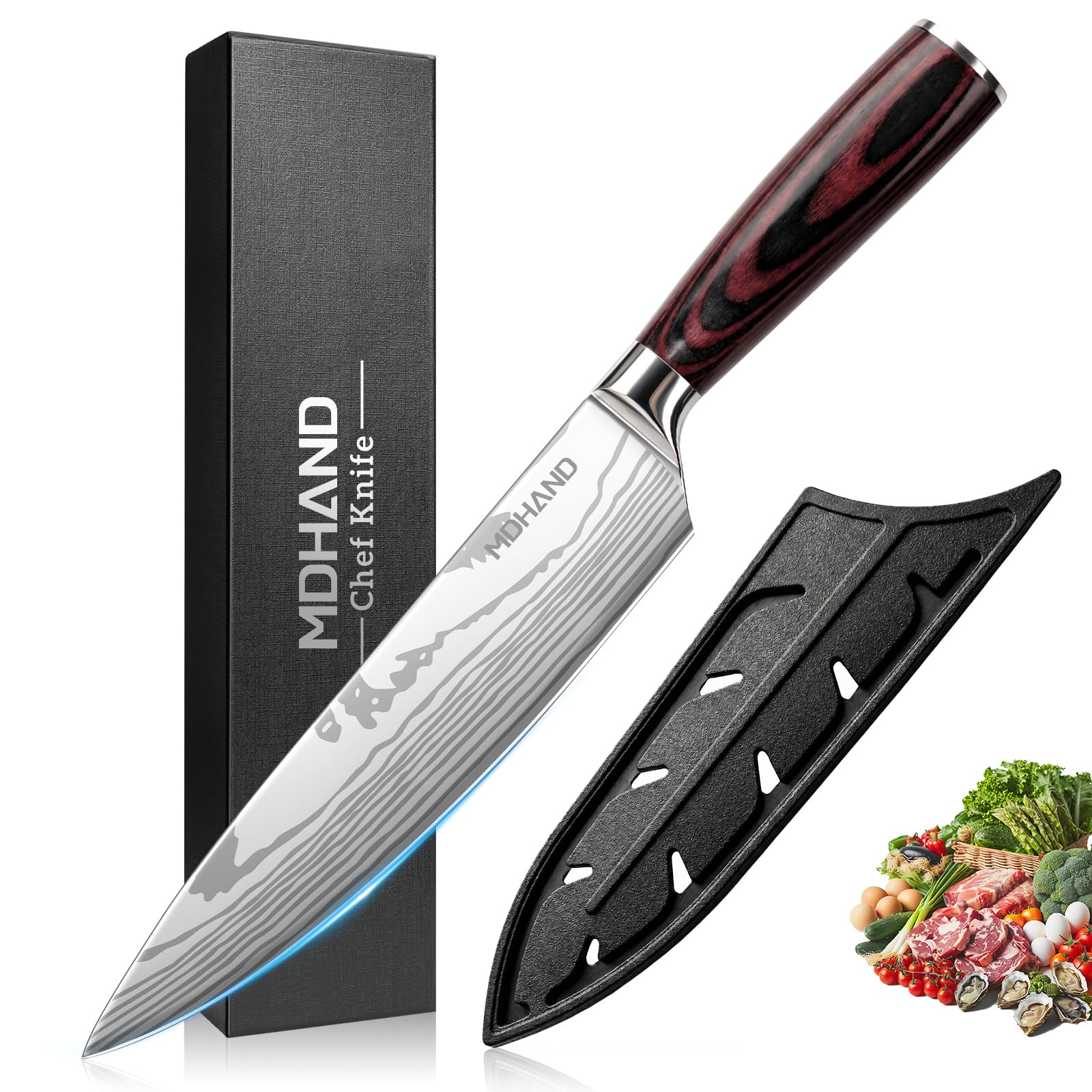MDHAND Coltello da Cucina Coltello da Chef da 20 cm Coltello Professionale in Acciaio Inossidabile ad Alto Tenore di Carbonio Lama Extra Affilata, Coltello Multiuso