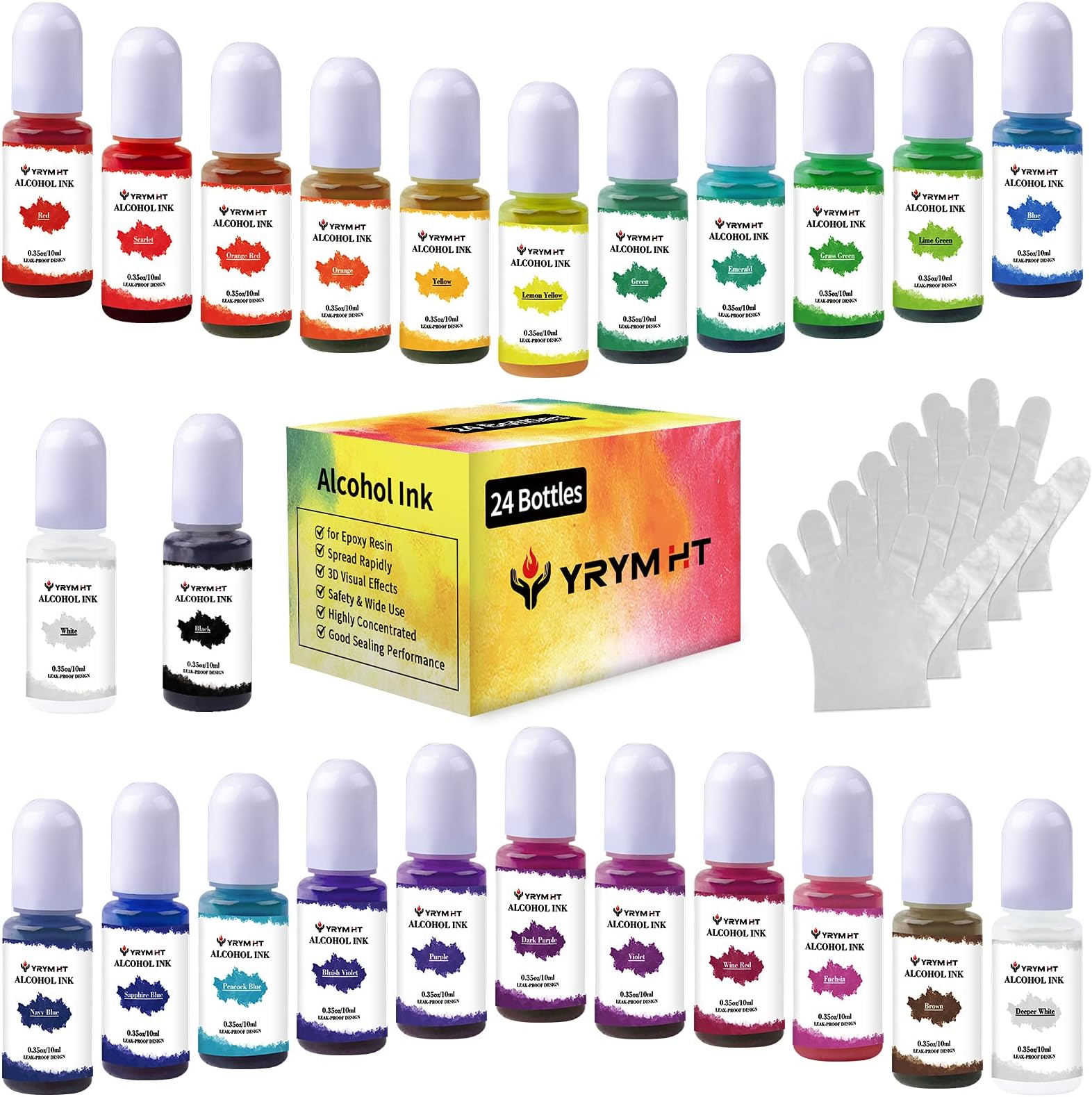 Alcohol Ink Set - 24 Vibrant Colors Alcohol Ink for Epoxy Resin, High Concentrated Alcohol-Based Ink for Resin Petri Dish, Tumbler Making, Coaster, Painting, Ceramic, Glass, Metal - 0.35oz/10ml Each