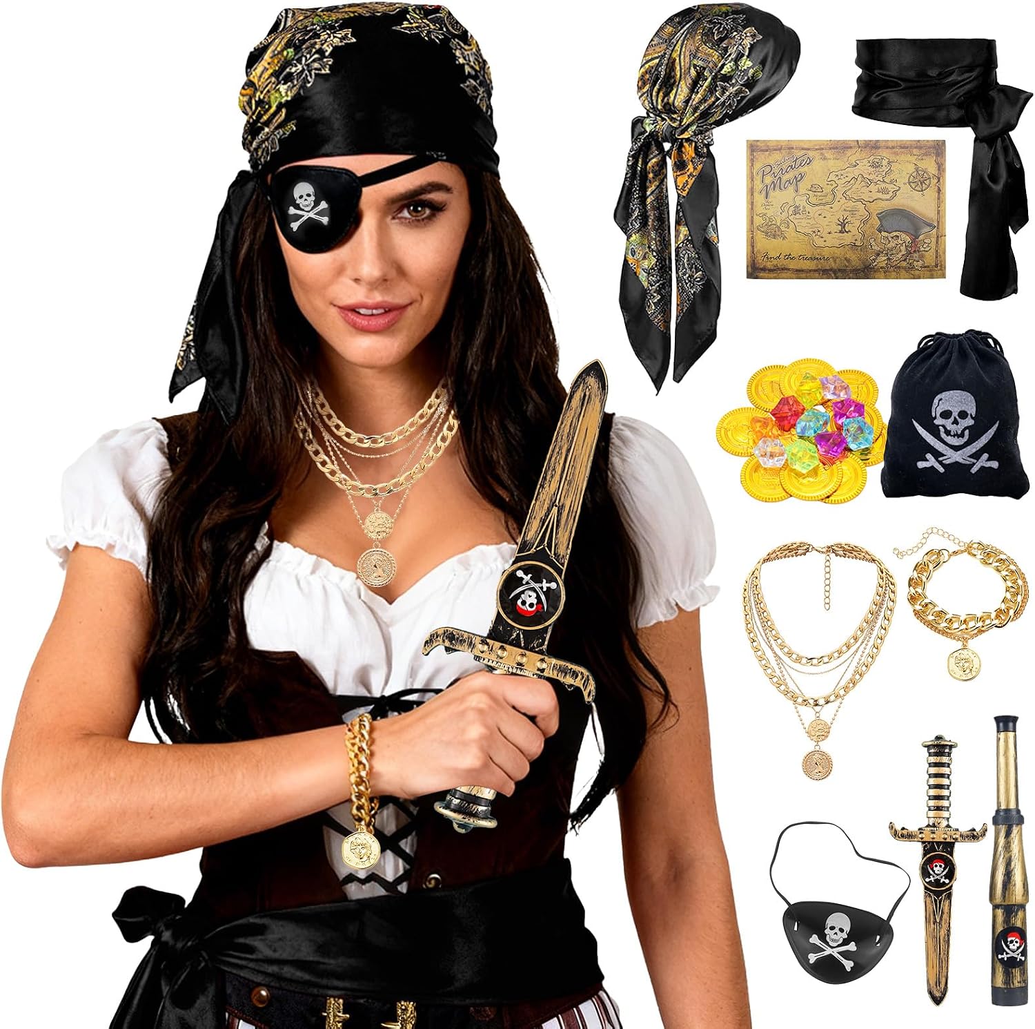 9Pcs Pirate Costume Accessories Pirate Gear Supplies Pirates Outfit Cosplay Prop Renaissance Suits for Halloween Party