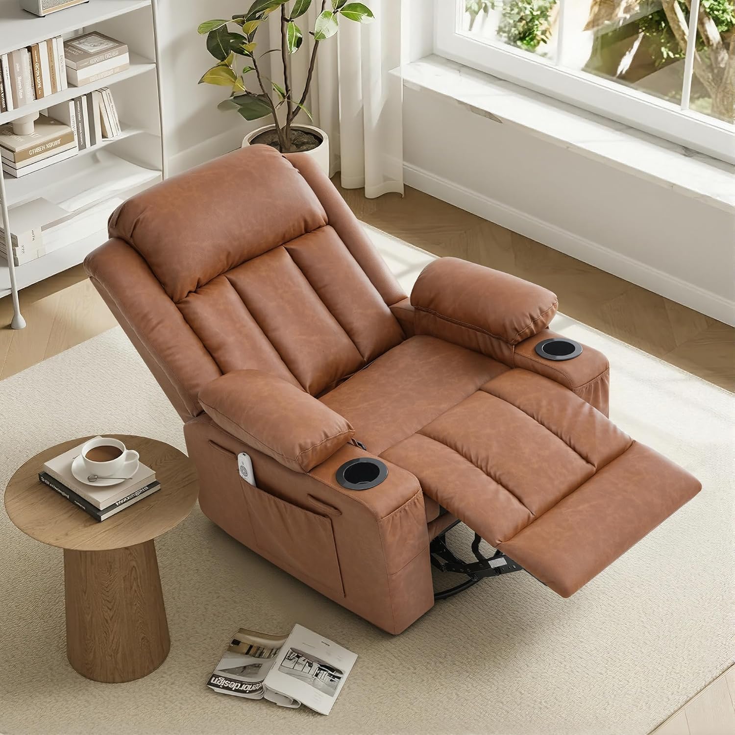 Rocker Recliner Chair with Heat and Massage,360°Swivel Recliner Chair for Adults Elderly,Oversized Recliner Single Sofa Seat with 2 Cup Holders and Side Pocket (Brown)