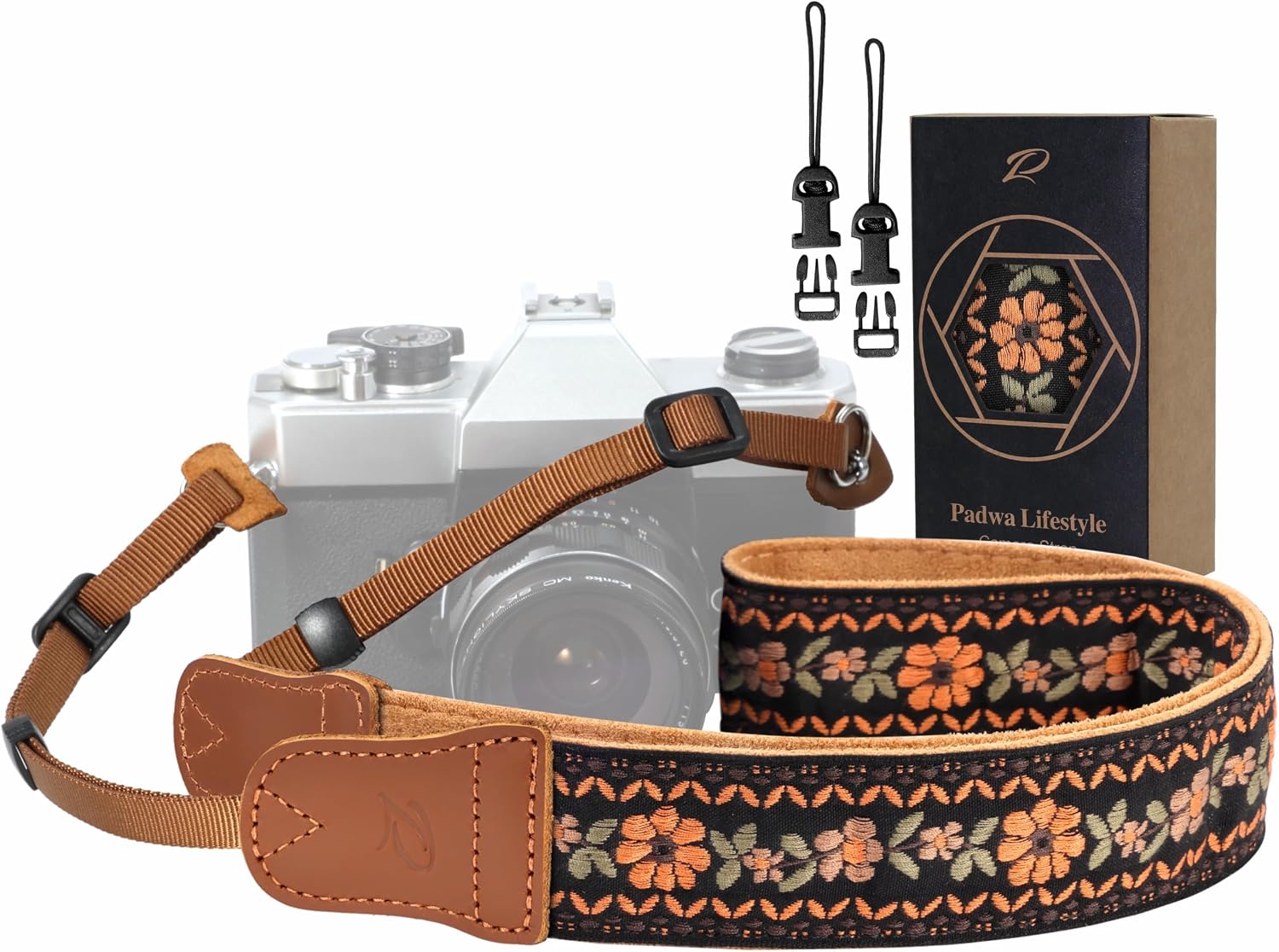 Padwa Lifestyle Embroidered Floral Camera Strap - 1.5" Crazy Horse Cowhide Ends Camera Straps for Photographers, Cute Cotton Weave Soft Suede Fabric Padded Strap fits All Cameras for Adults & Kids
