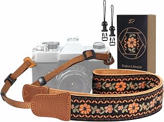 Padwa Lifestyle Embroidered Floral Camera Strap - 1.5" Crazy Horse Cowhide Ends Camera Straps for Photographers, Cute Cotton Weave Soft Suede Fabric Padded Strap fits All Cameras for Adults & Kids