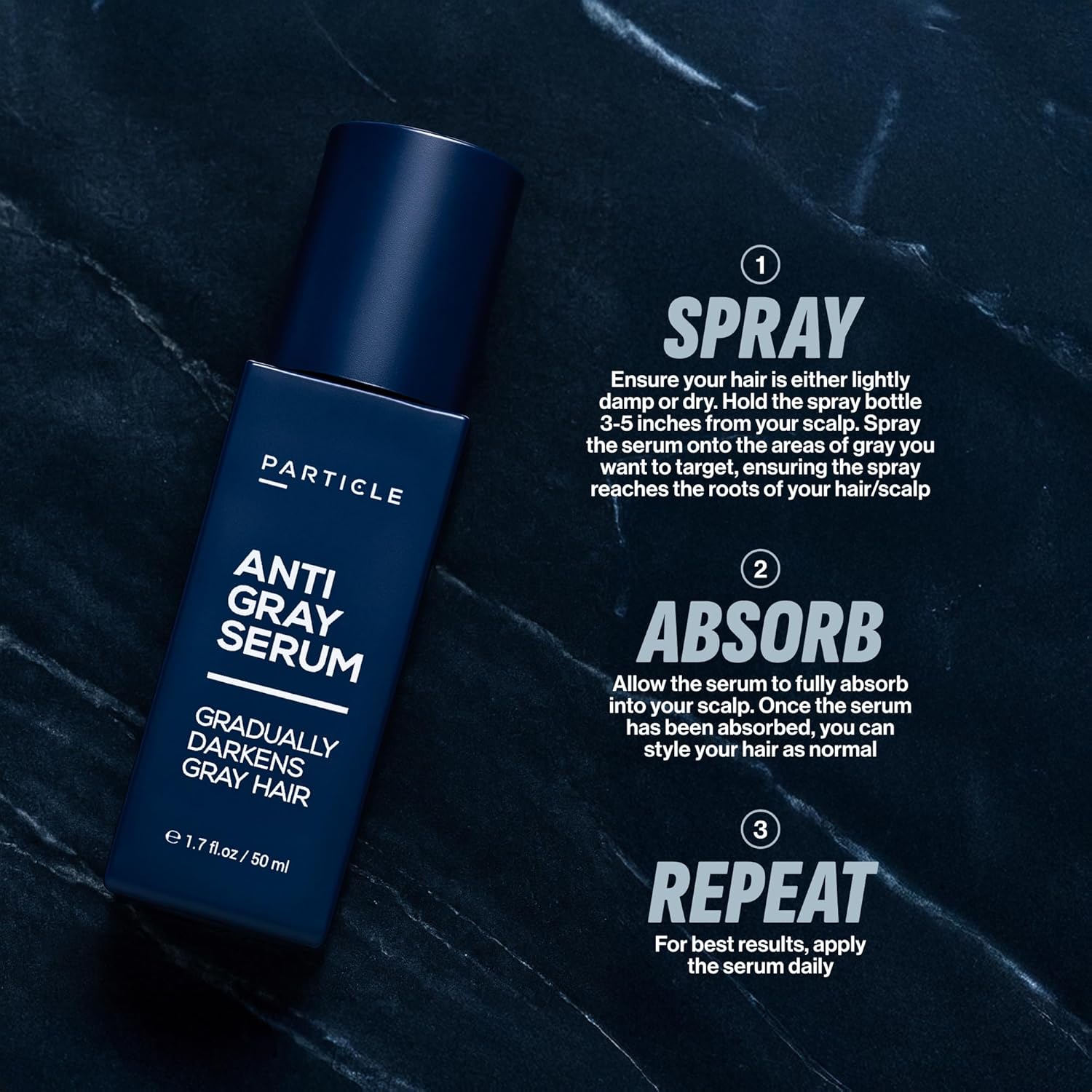 Particle Anti-Gray Serum for Men – Gradually Reduces Gray Hair on Head & Beard Without Dye – Natural Gray Reduction with Silverfree™, Vitamin A, Melitane & Allantoin – Peroxide & Ammonia Free
