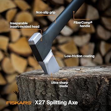 Fiskars X27 Super Splitting Axe, 36 Wood Splitting Axe for Medium to Large Size Logs with Shock-Absorbing Handle, Split Firewood, Forged Steel Blade, Bushcraft Gear and Camping Hatchet