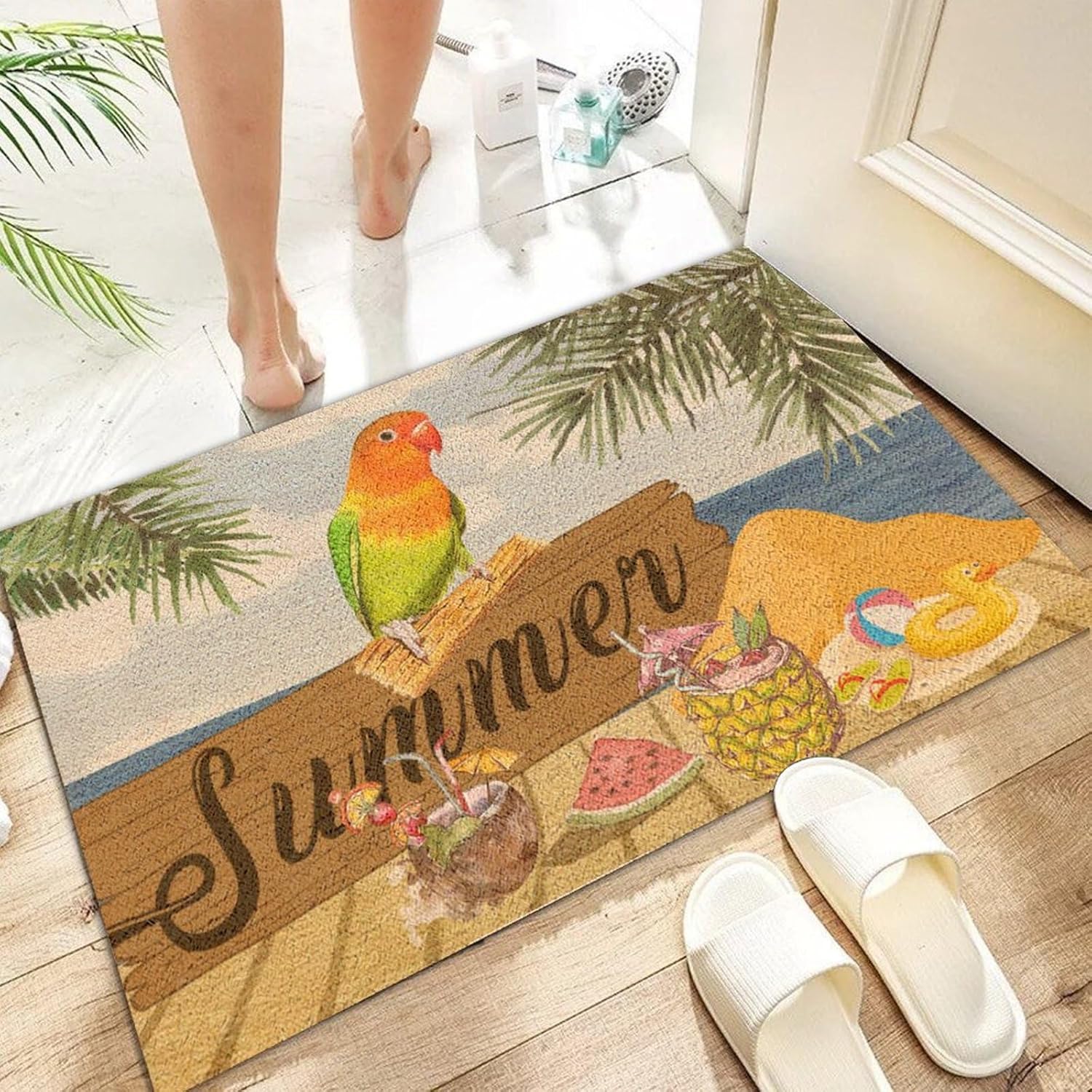 Summer Parrot Bird Coir Fiber Entrance Shoe Mat 24x36in Beer Bar Club Glass Parrot Outdoor Indoor Non-Slip Doormat Funny Door Mat Floor Rug for High Traffic Areas Entrance Home Décor