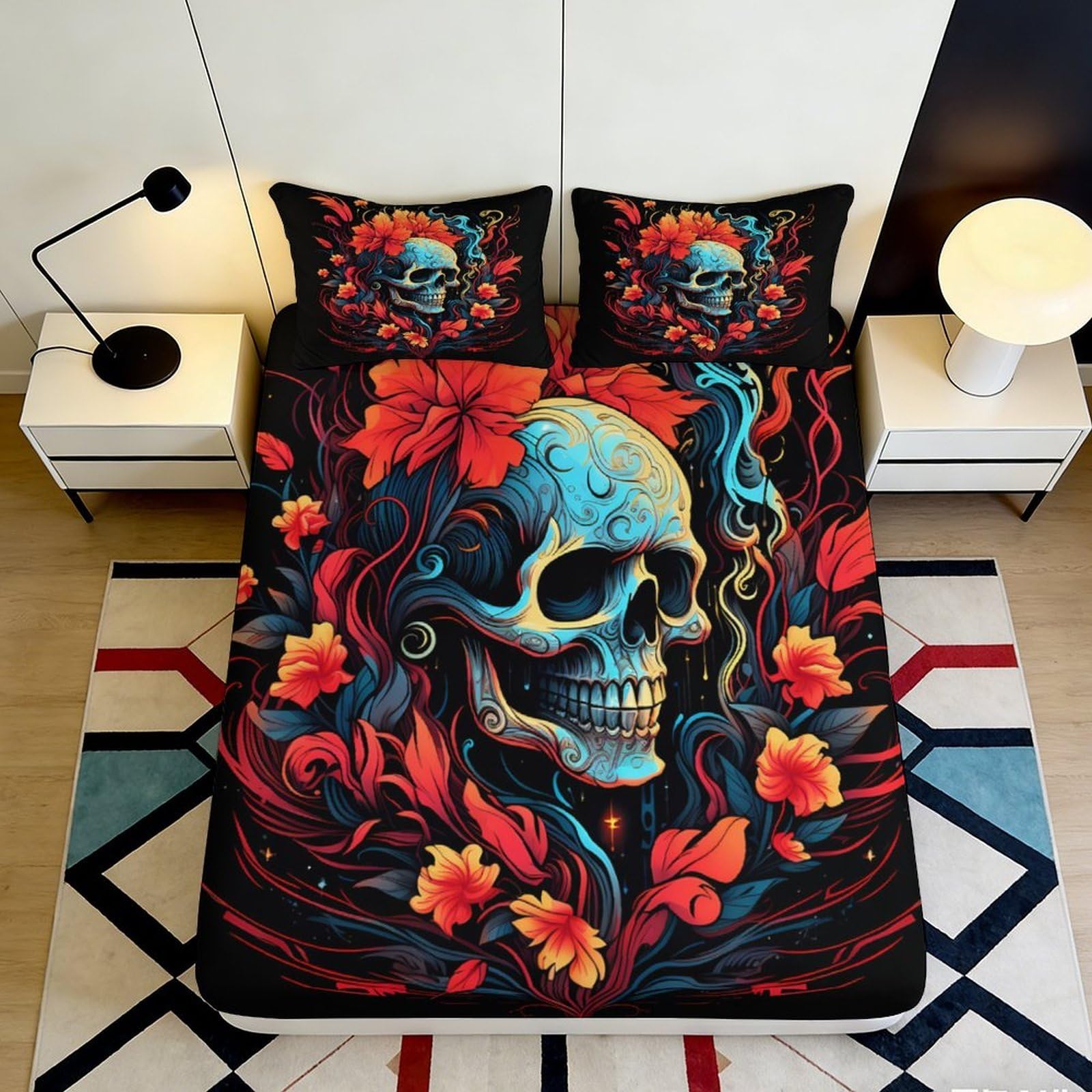 3D Printed Floral Skull Fitted Sheet Microfiber Deep Pocket Non-Slip Bedroom Decor Artistic Skull Mattress Fitted Cover 200x200x25cm 90x200x25cm