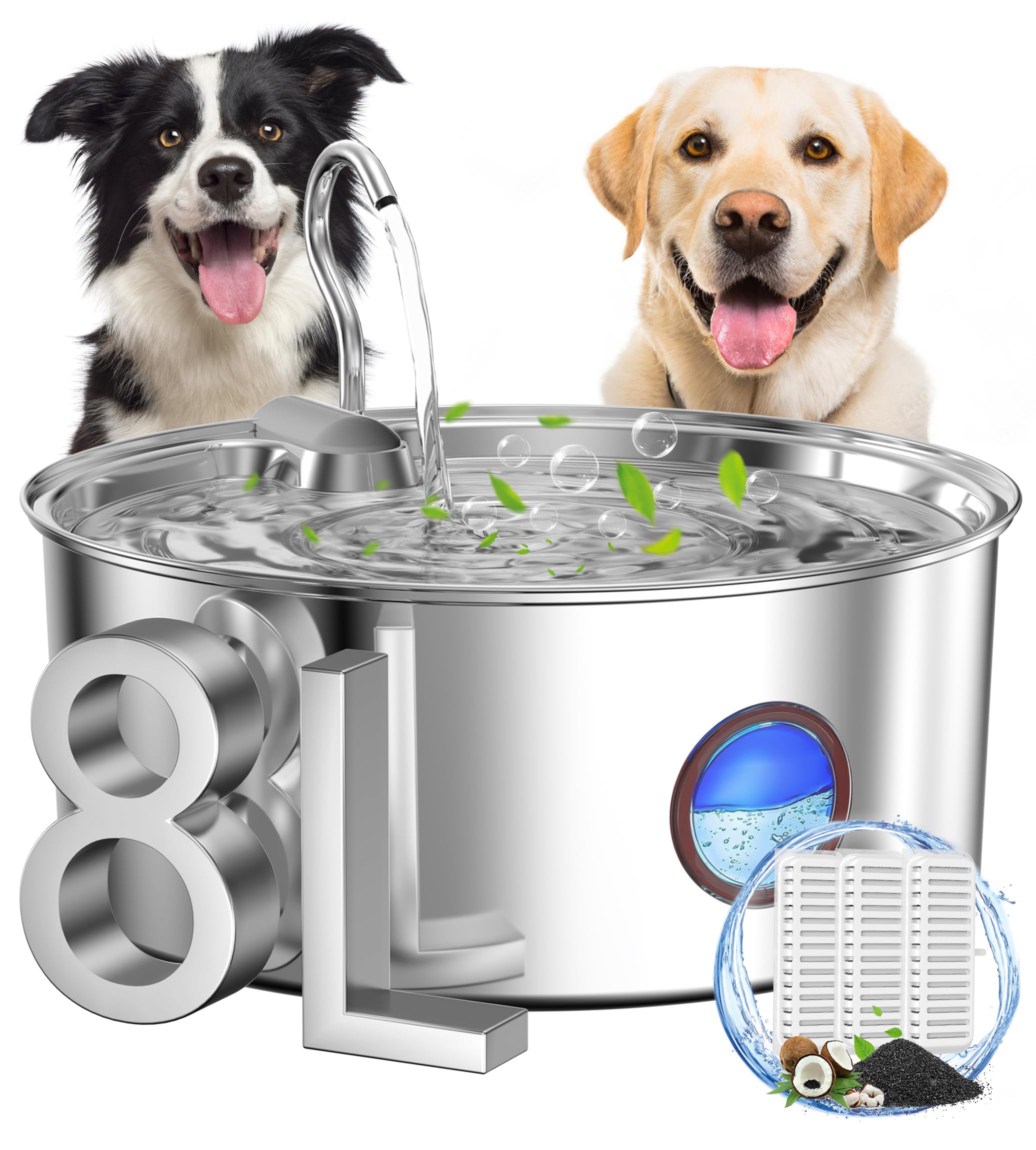Dog Water Fountain for Large Dogs- 270oz/8L Stainless Steel Dog Water Bowl Dispenser Automatic Pet Water Fountain with Ultra-Quiet Pump/Quadruple Filtration for Dogs, Cats, Multiple Pets