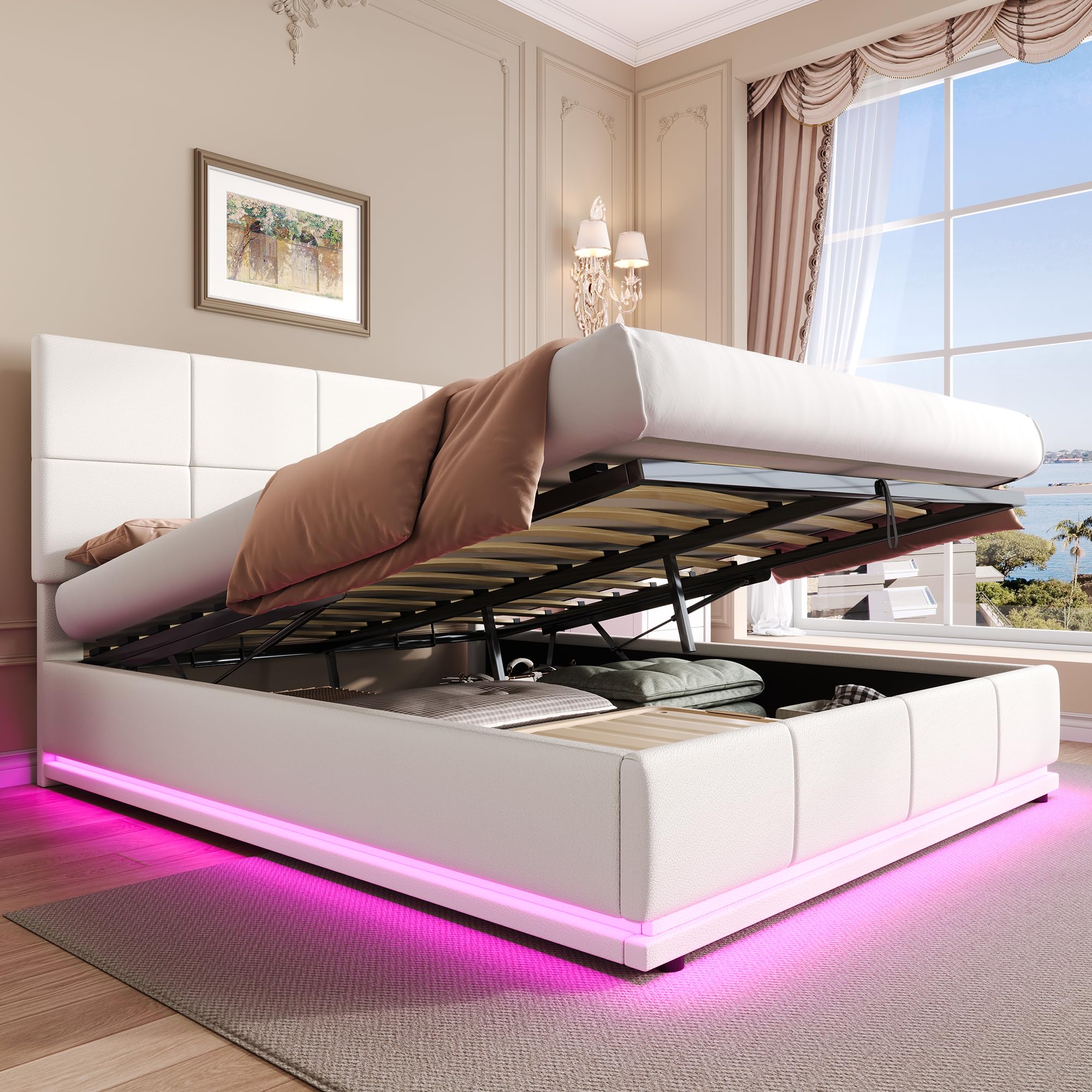 Jovify Upholstered Bed Frame with Hydraulic Lift and Height-adjustable Headboard, 4ft6 Double Bed Frame with 7 Colors LED Lighting, PU Faux Leather Functional Ottoman Storage Bed, No Mattress, White